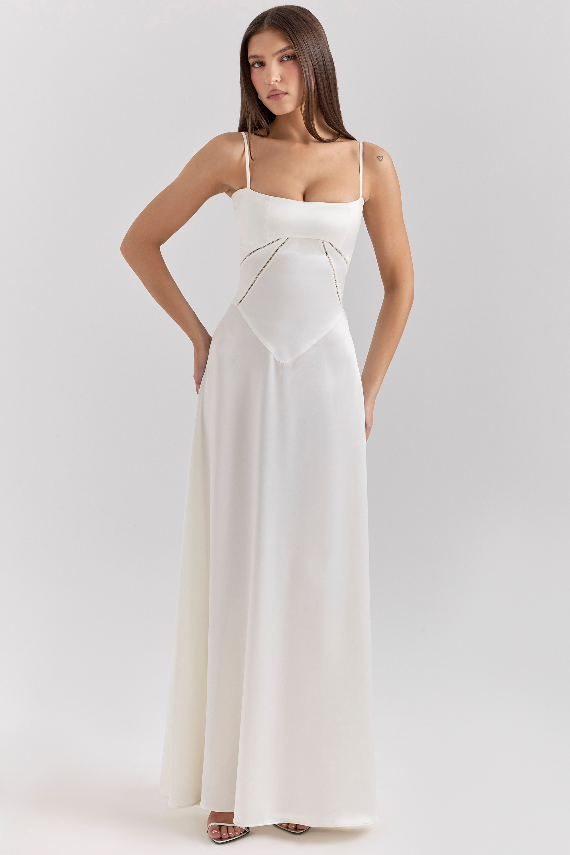 Anabella, Ivory Satin Lace Up Maxi Dress