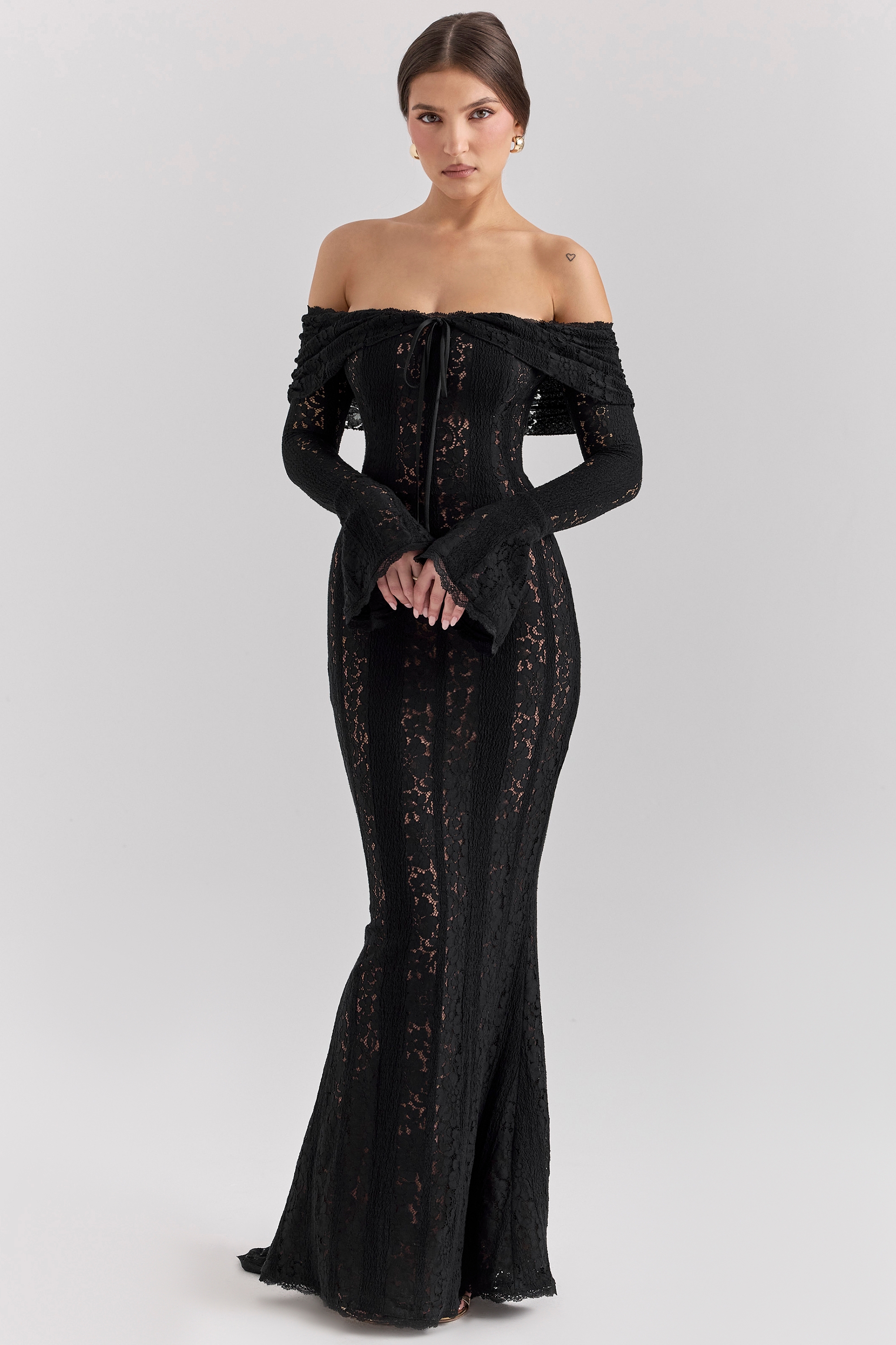 Belle, Black Off Shoulder Floral Lace Maxi Dress