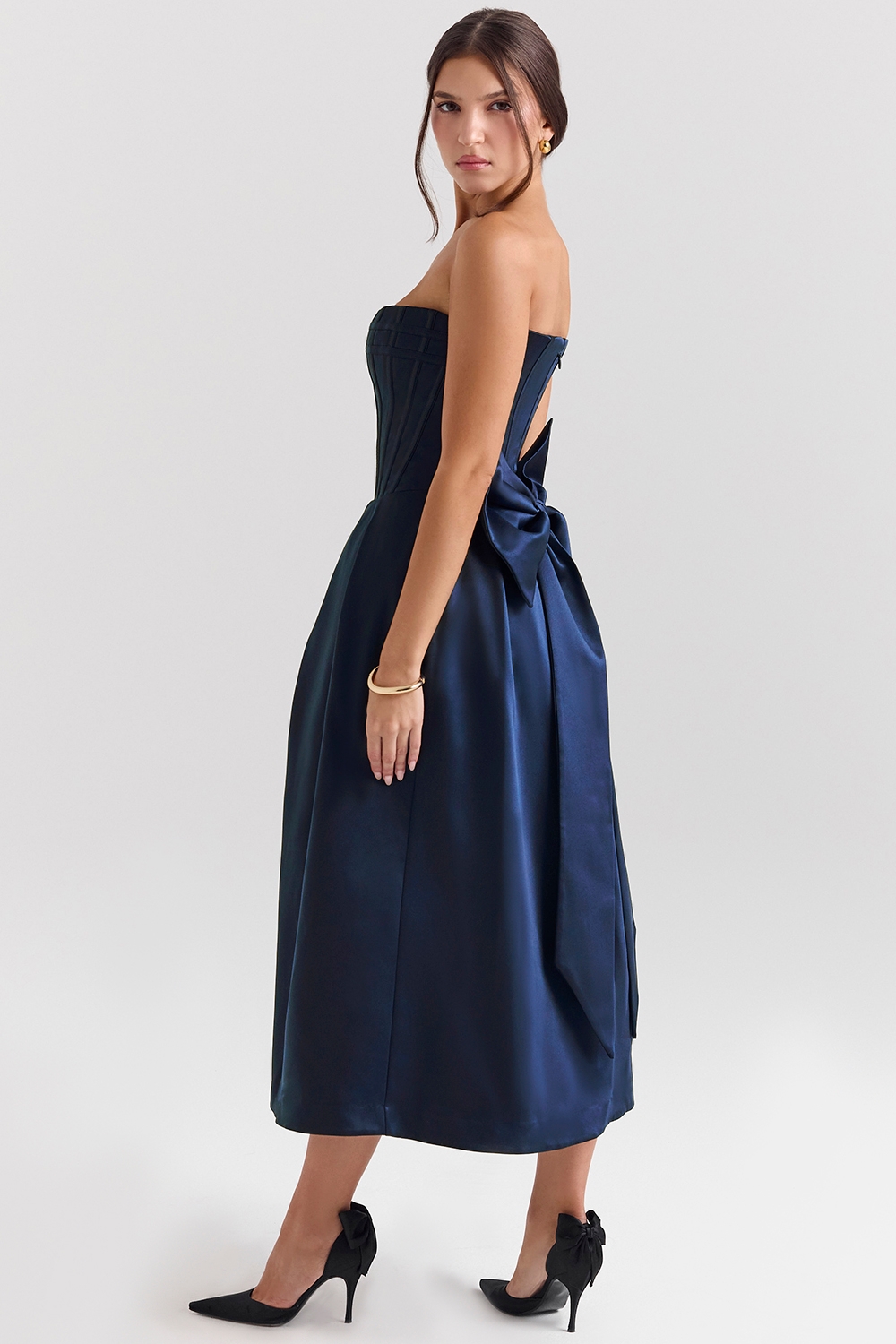 Bellina, Midnight Blue Strapless Detachable Bow Midi Dress