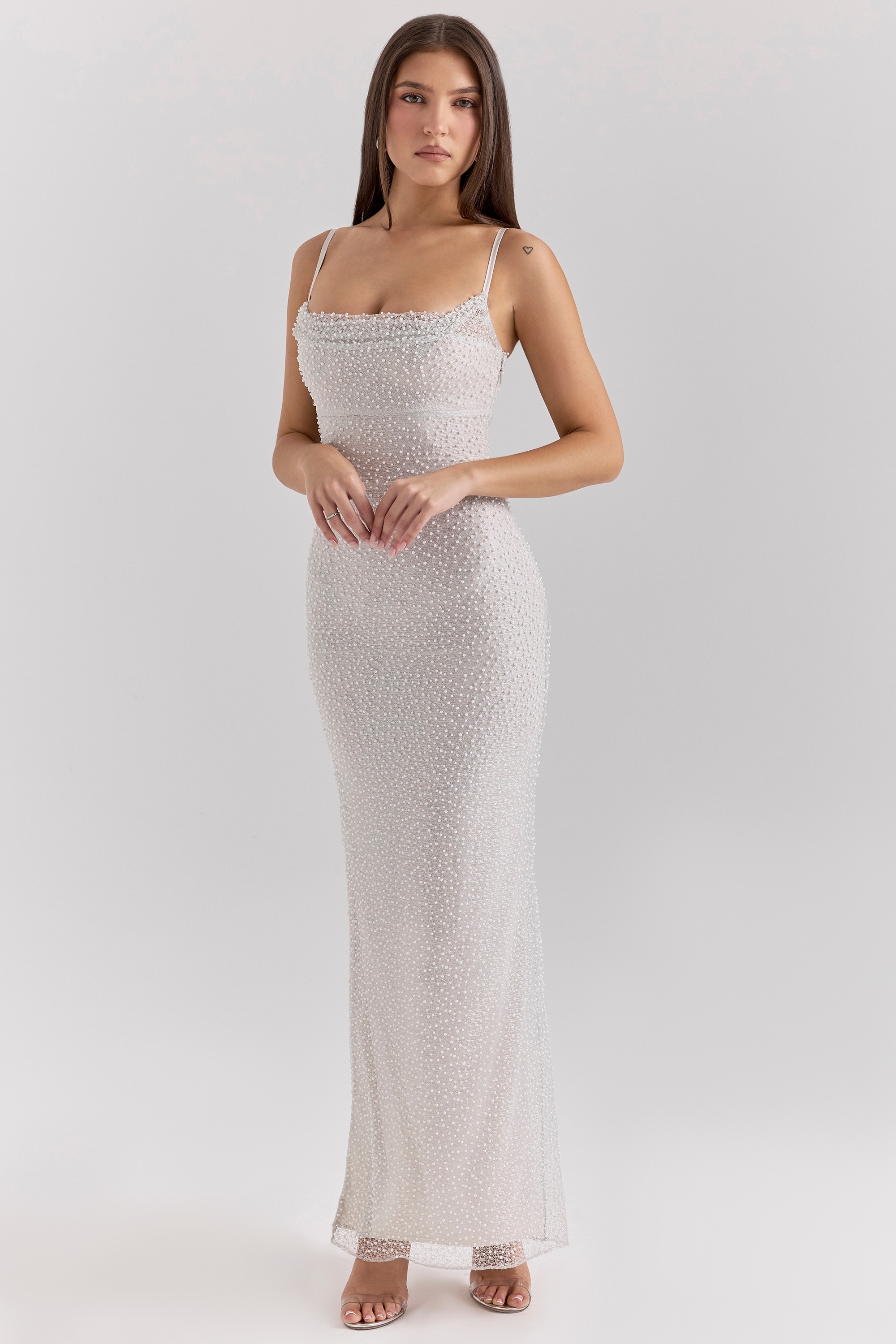 Calla, Silver Pearl Embellished Maxi Dress