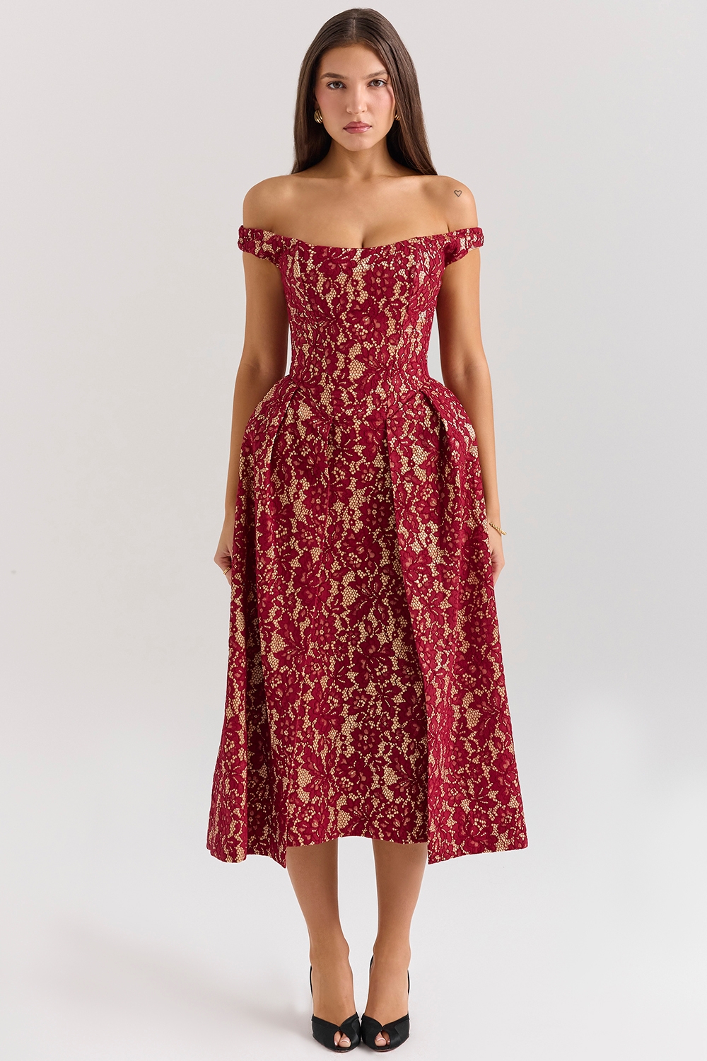 Charming, Gold and Berry Lace Midi Off Shoulder Dress