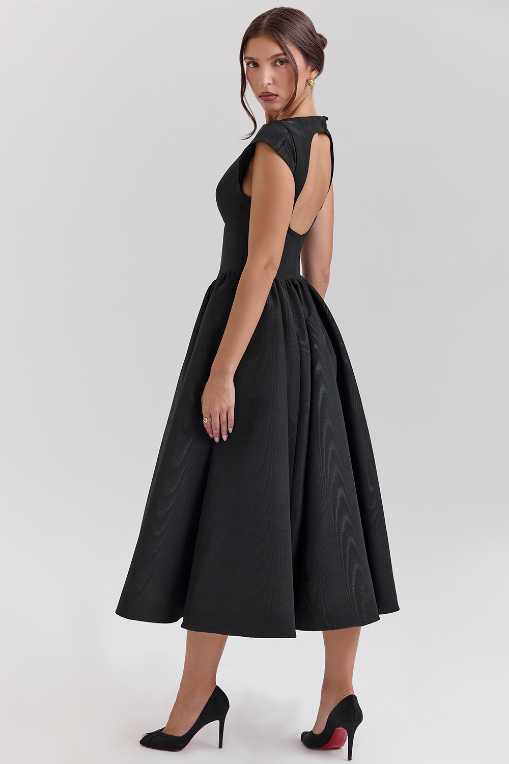 Debutante, Black Moire Satin Backless Midi Dress