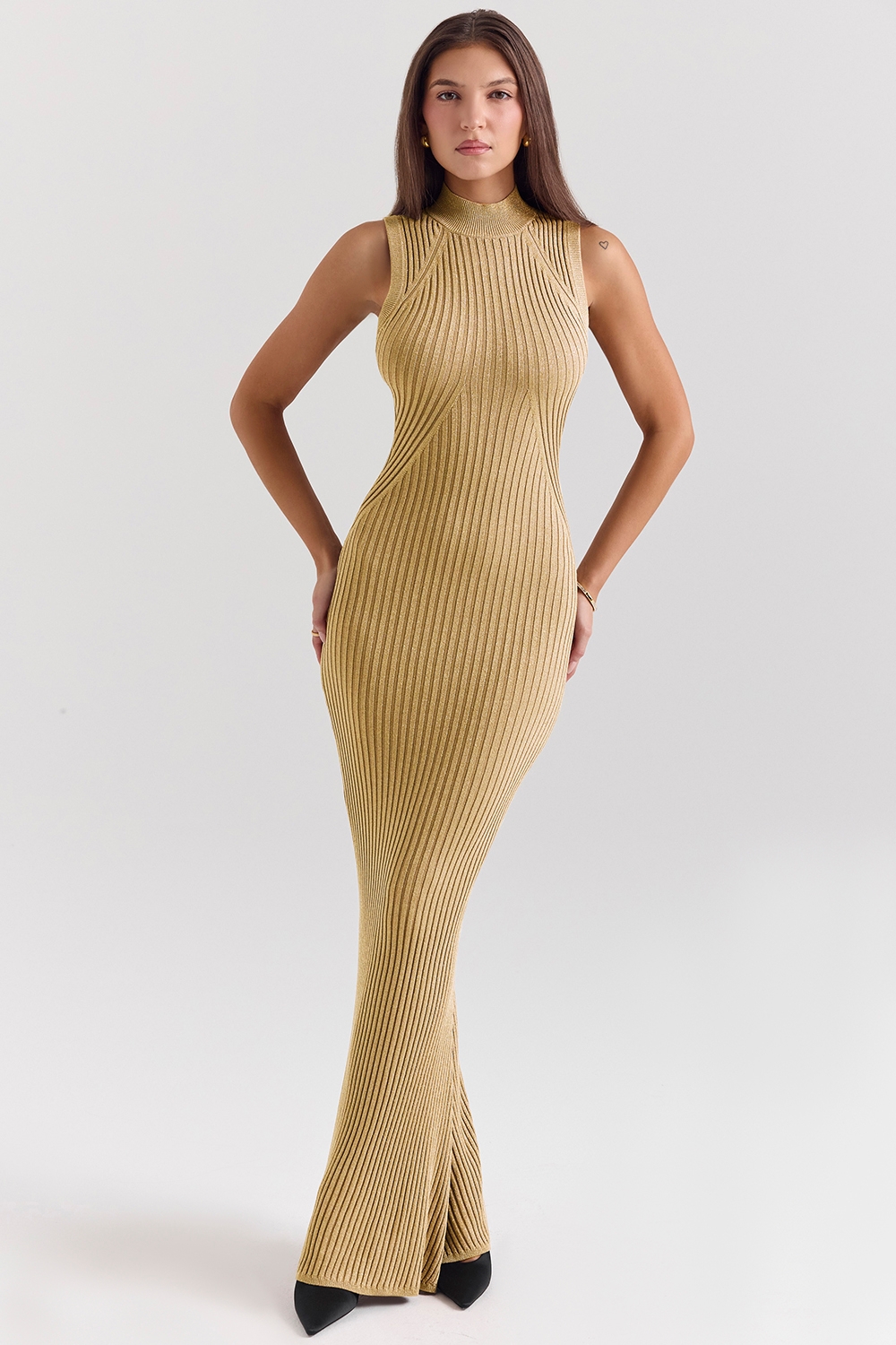 Emmie, Gold Metallic Ribbed Maxi Dress