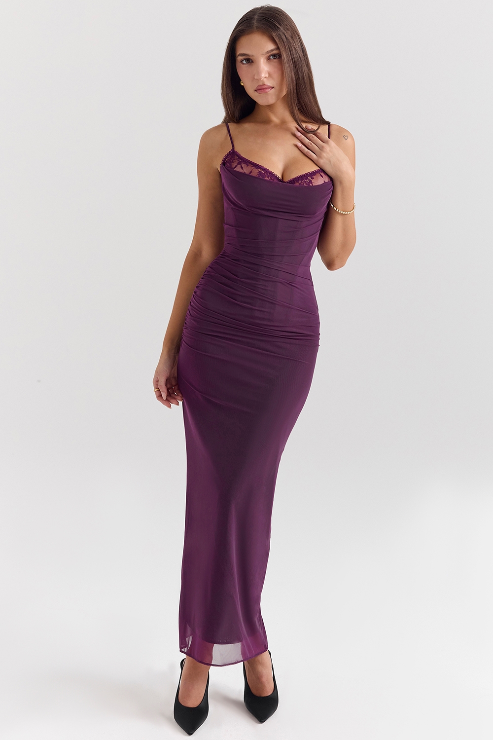 Nalini, Grape Mesh Corset Maxi Dress