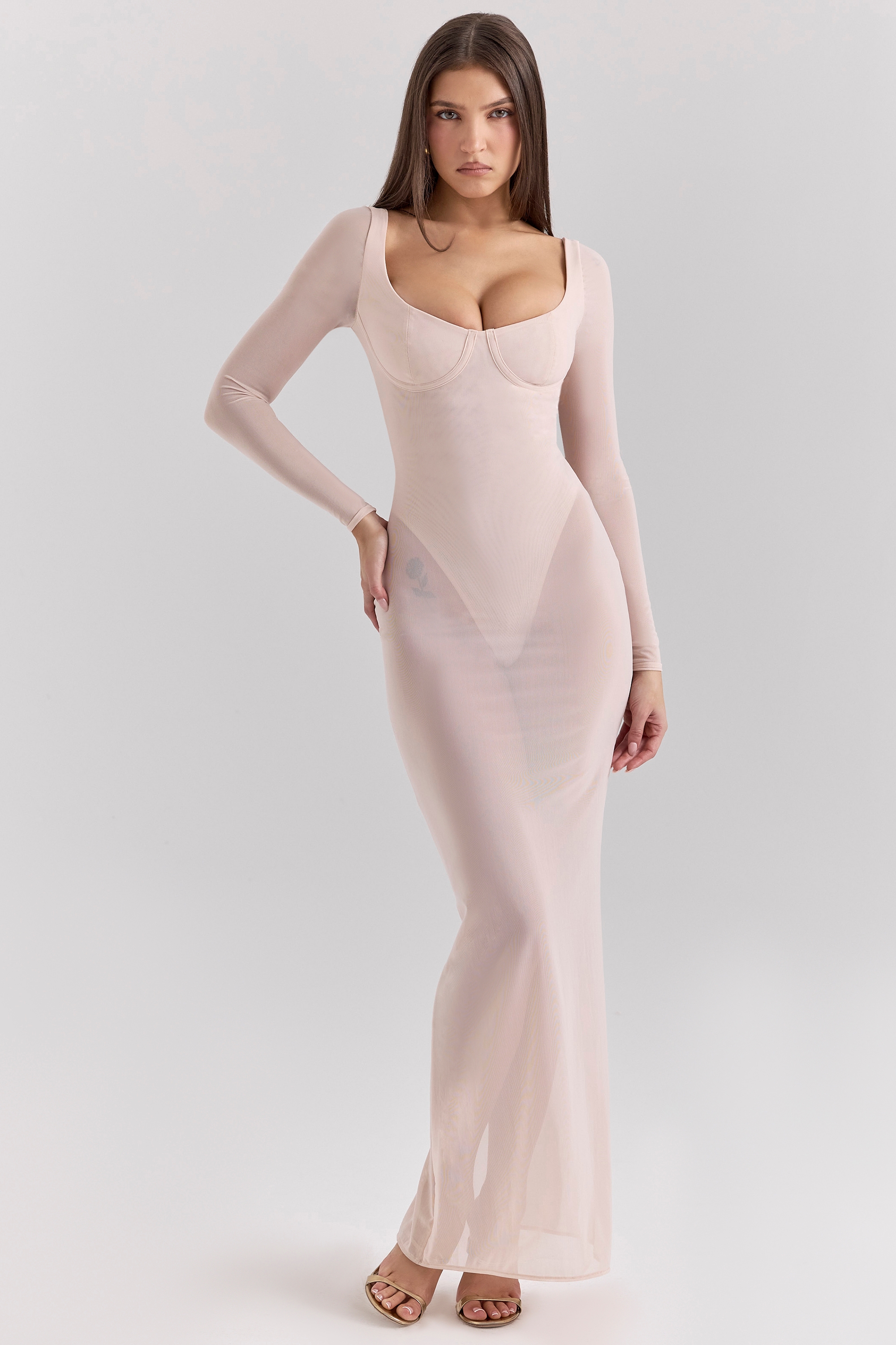 Everly, Blush Mesh Maxi Dress with Bodysuit