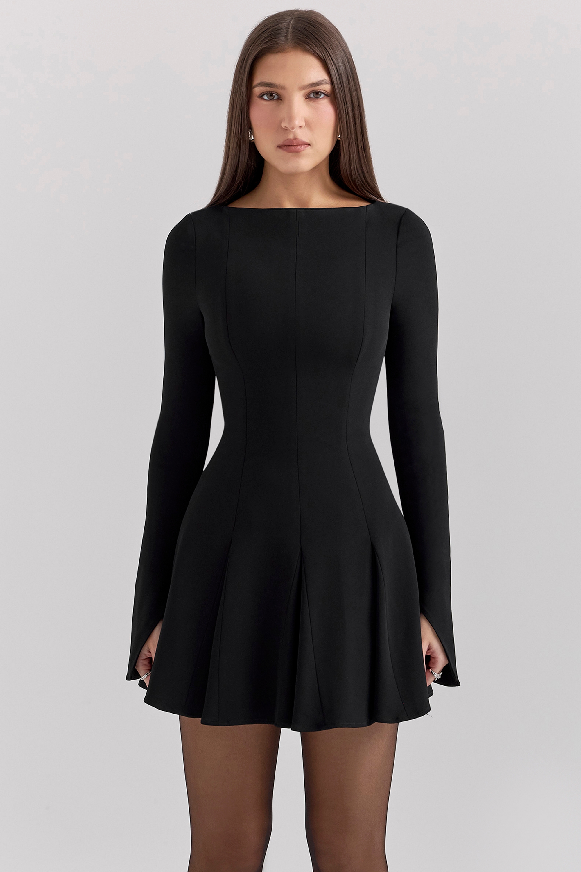 Francesca, Black Stretch Crepe Godet Mini Dress