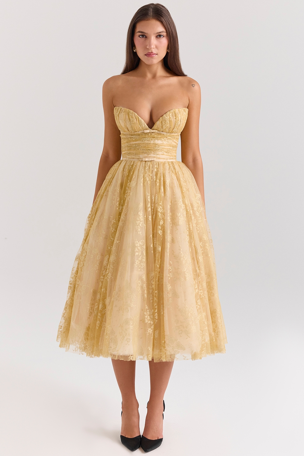 Madame, Gold Metallic Lace Tulle Midi Gown