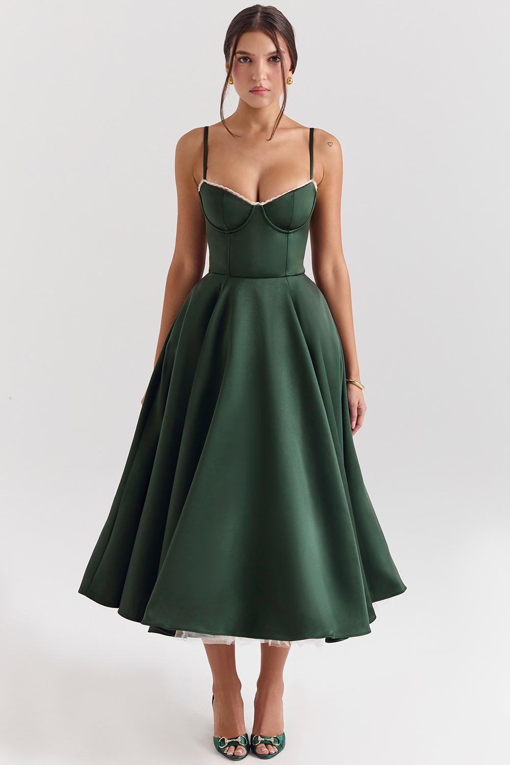 Mademoiselle, Forest Green Satin Tulle Midi Dress