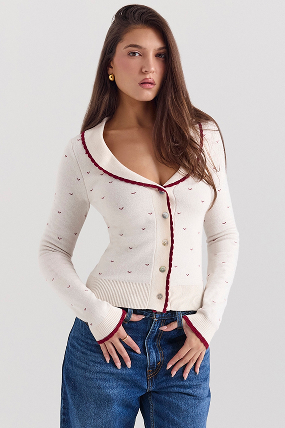 Marla, Ivory Cashmere Blend Trimmed Cardigan