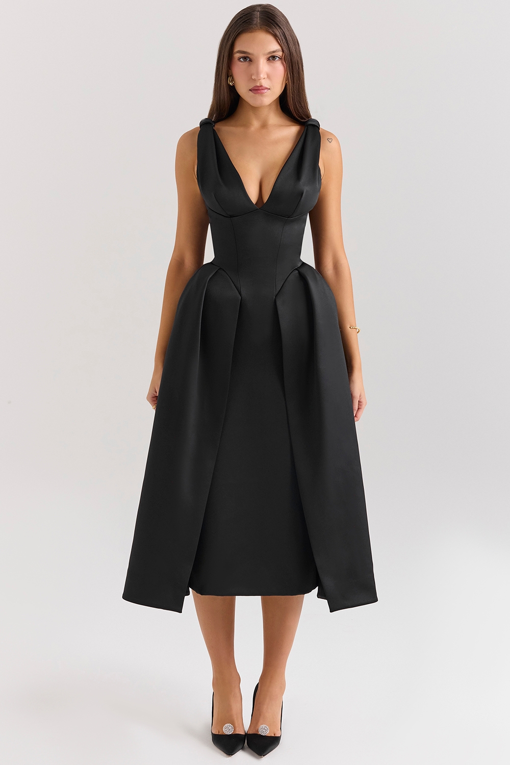 Paloma, Black Satin Twist Strap Midi Dress