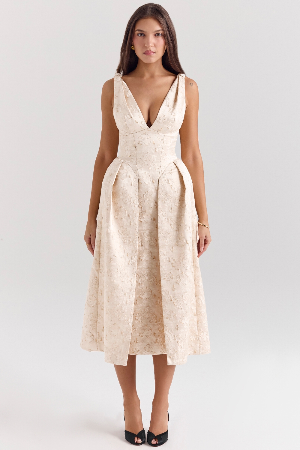 Paloma, Ivory Metallic Jacquard Midi Dress