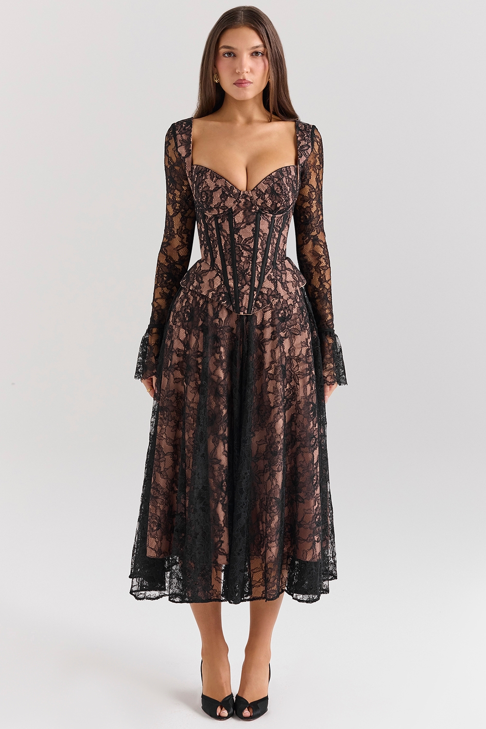 Raquel, Black Lace Corset Midi Dress