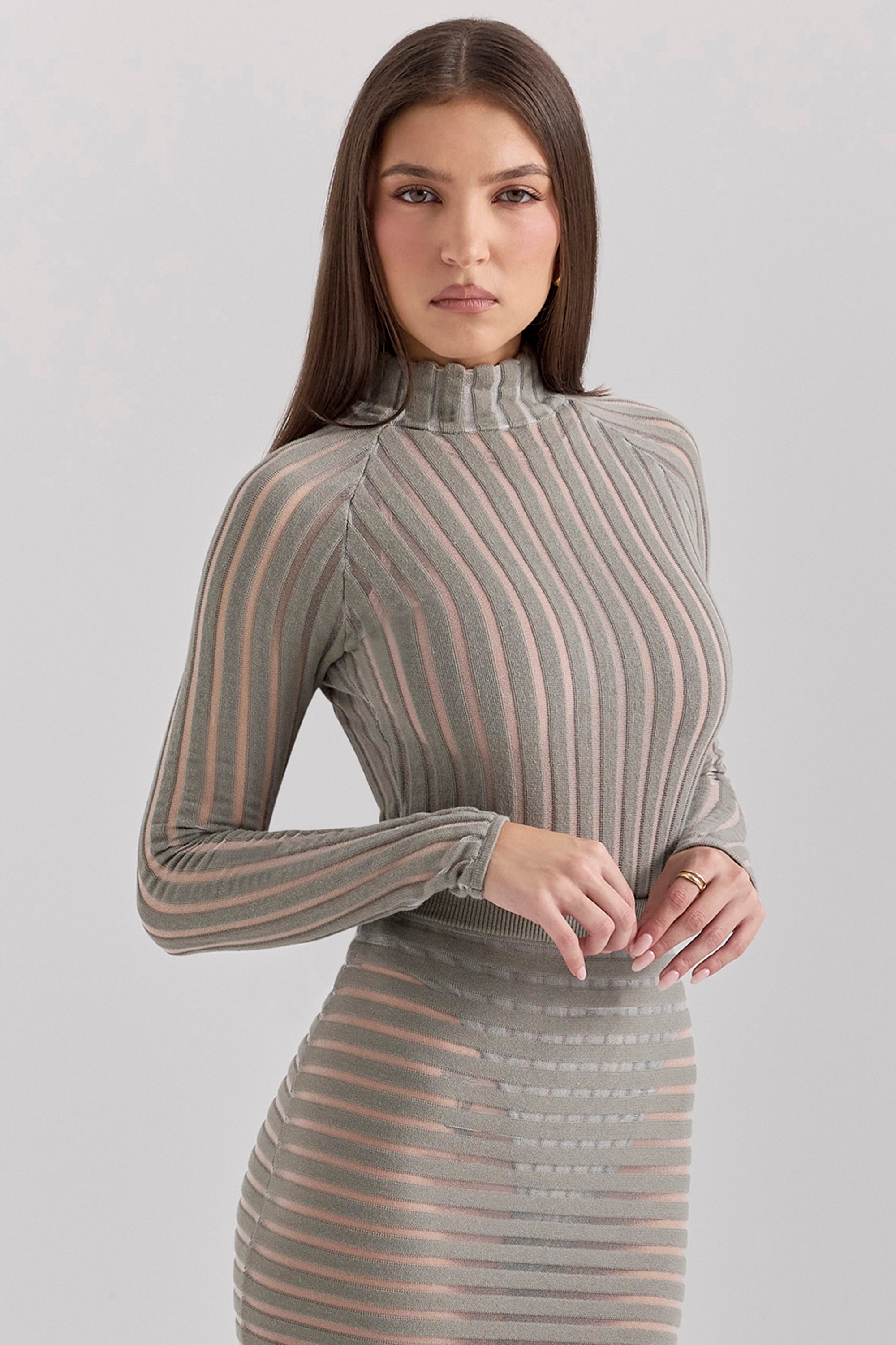 Rowena, Grey Velour Sheer Striped Bodysuit