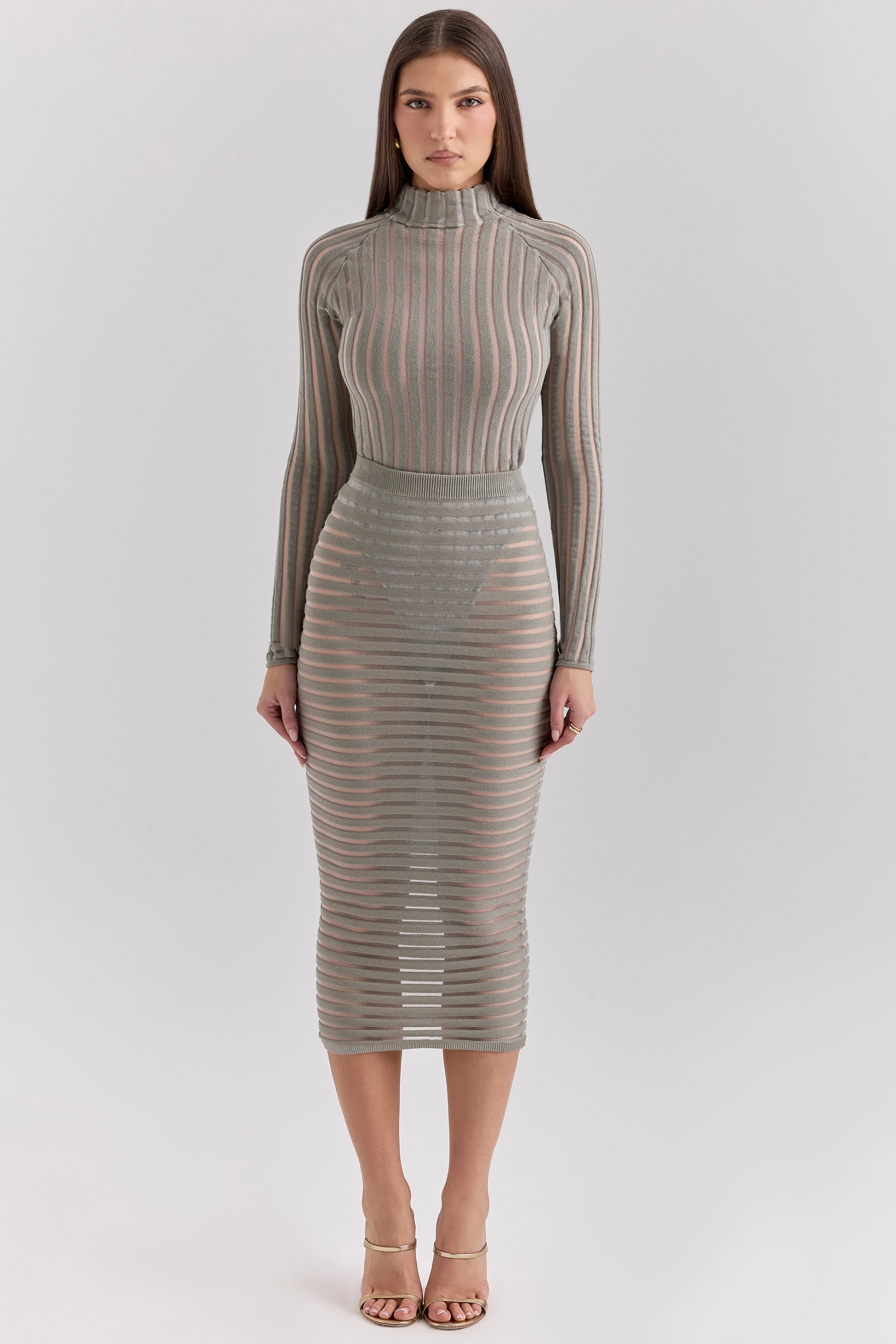 Margo, Grey Velour Sheer Striped Midi Skirt