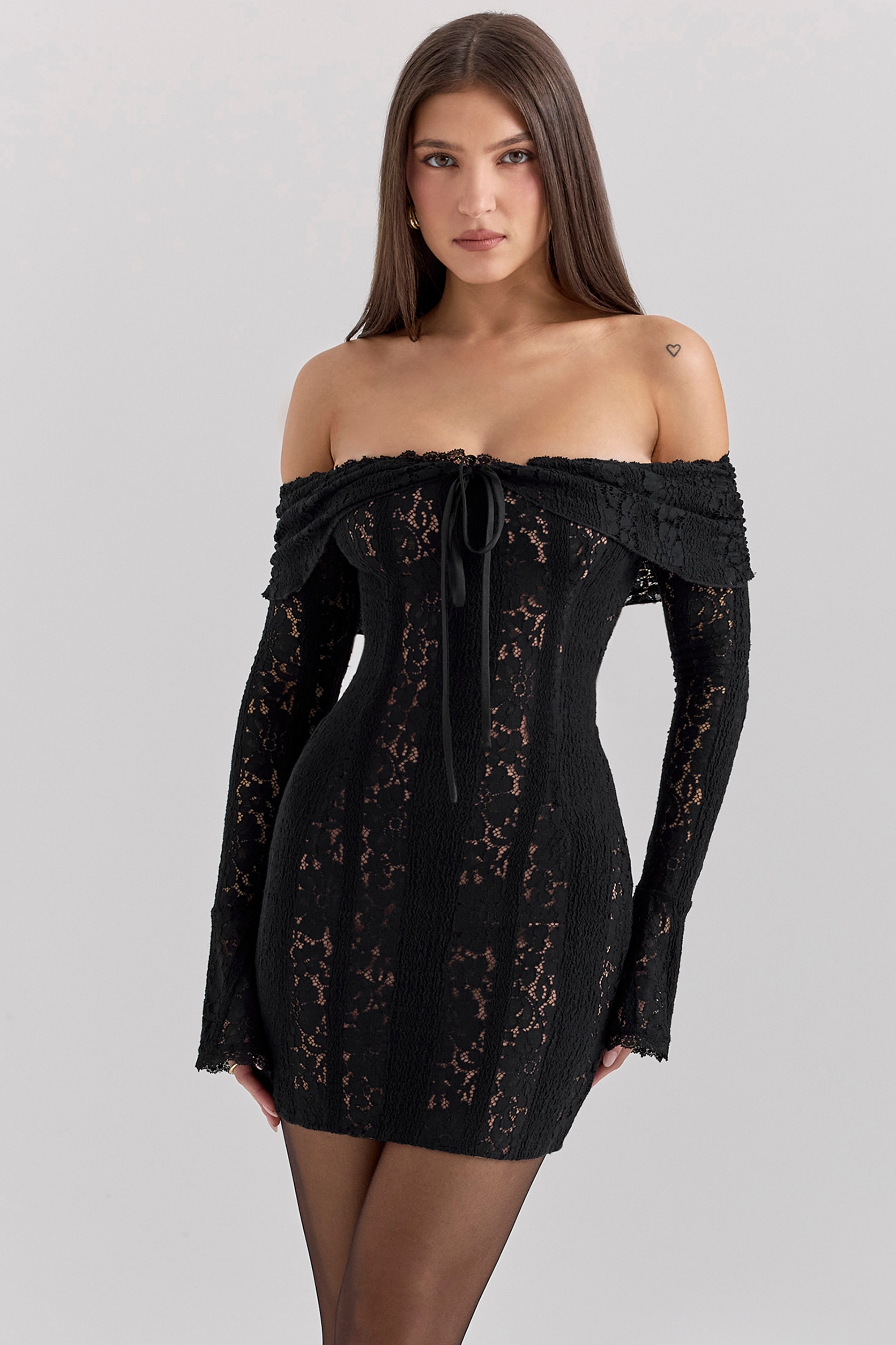 Sadie, Black Floral Lace Off Shoulder Mini Dress