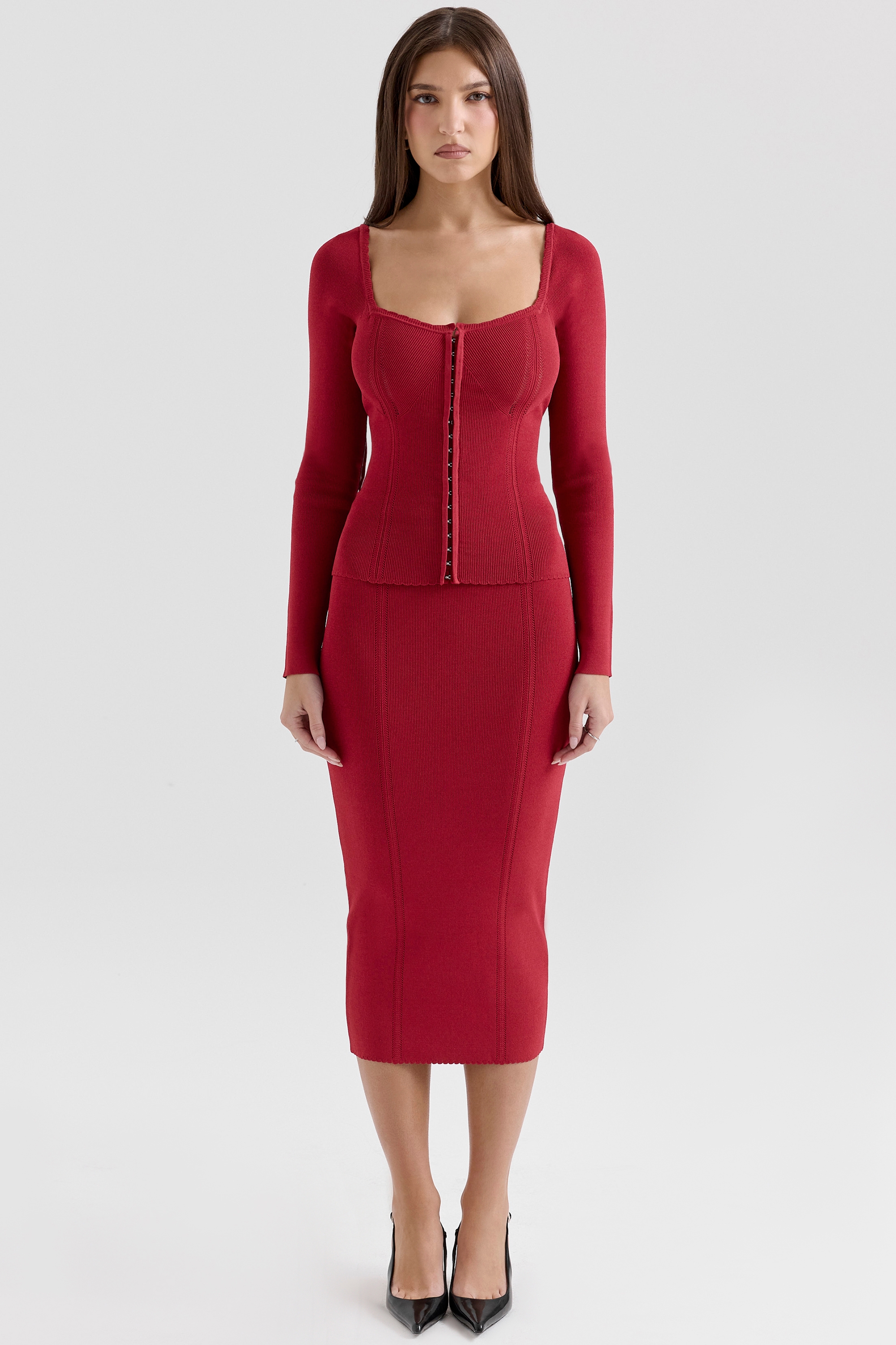 Eliane, Red Bodycon Knitted Midi Skirt