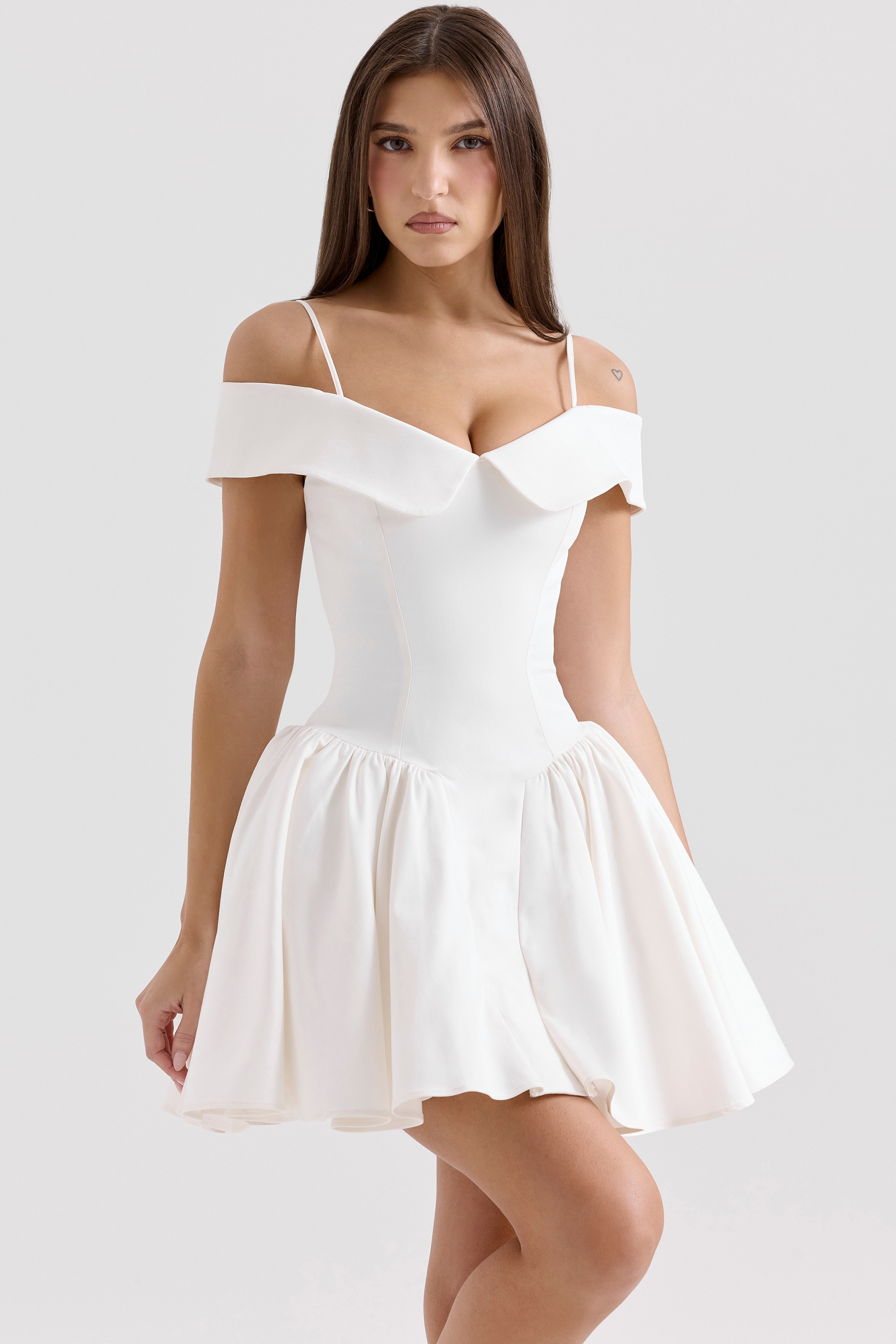 Elida, White Twill Off Shoulder Mini Dress