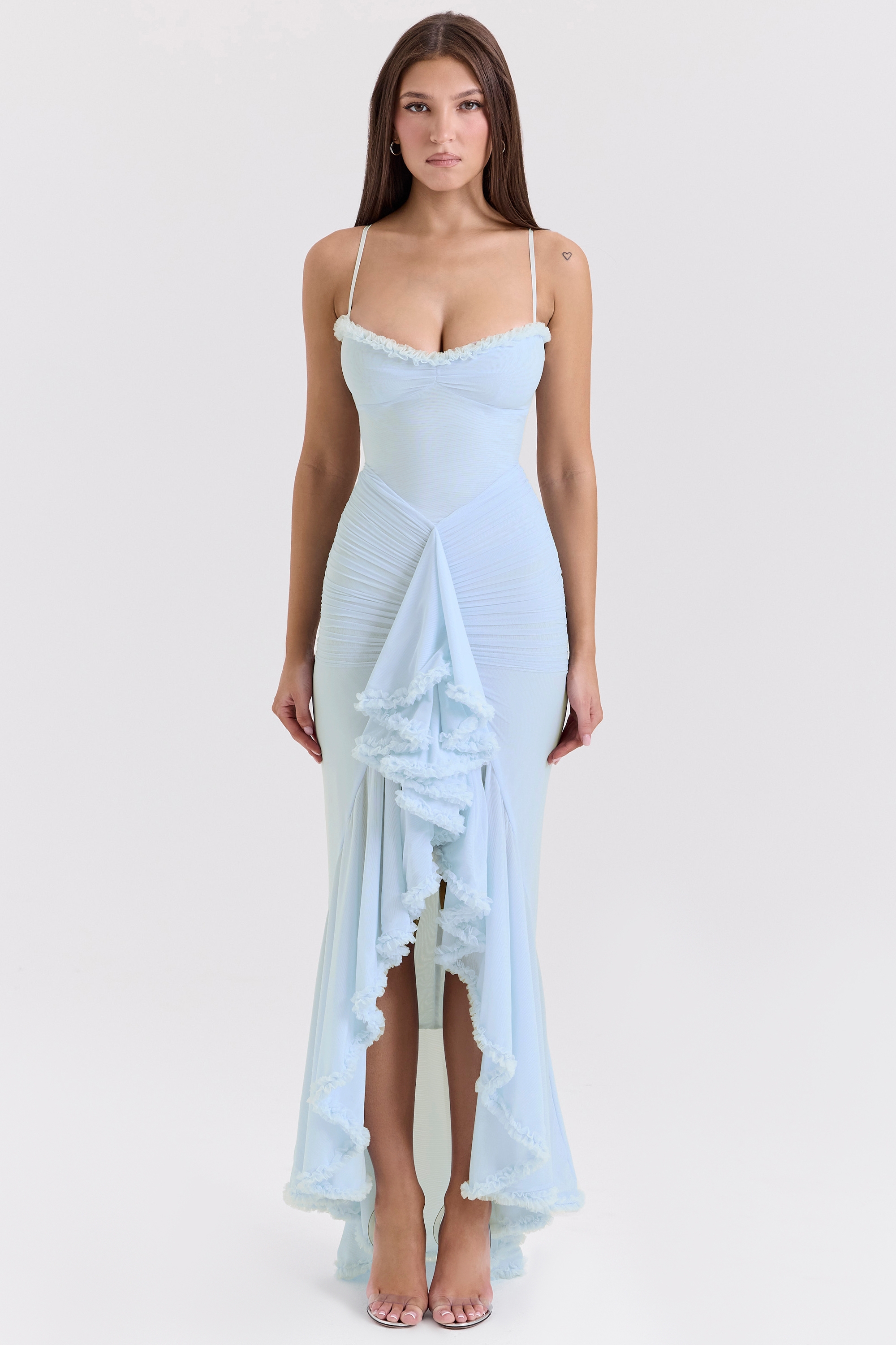 Gabbi, Ice Blue Mesh Ruffled Front Gown