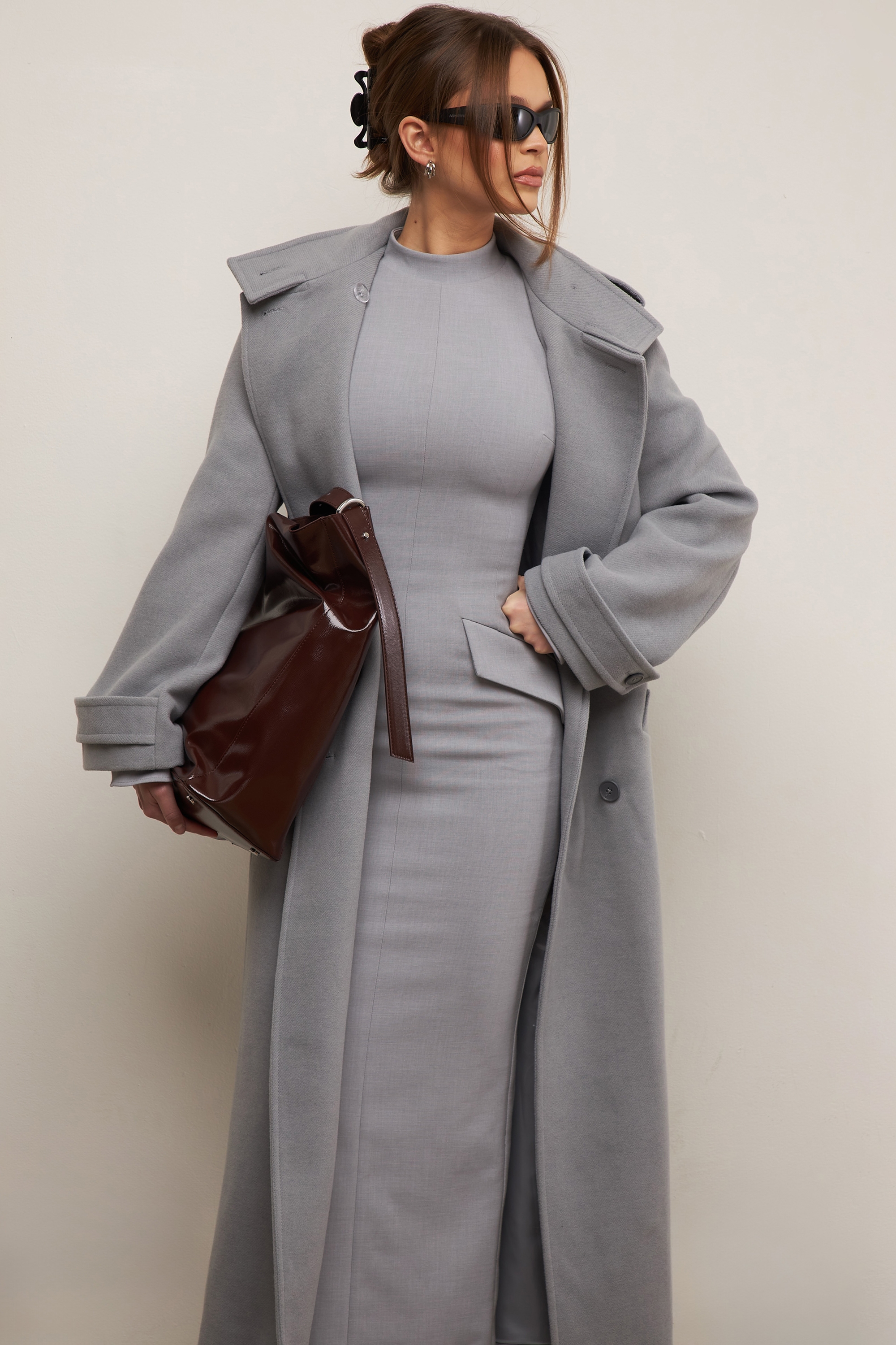 Sander, Grey Double Breasted Funnel Neck Coat