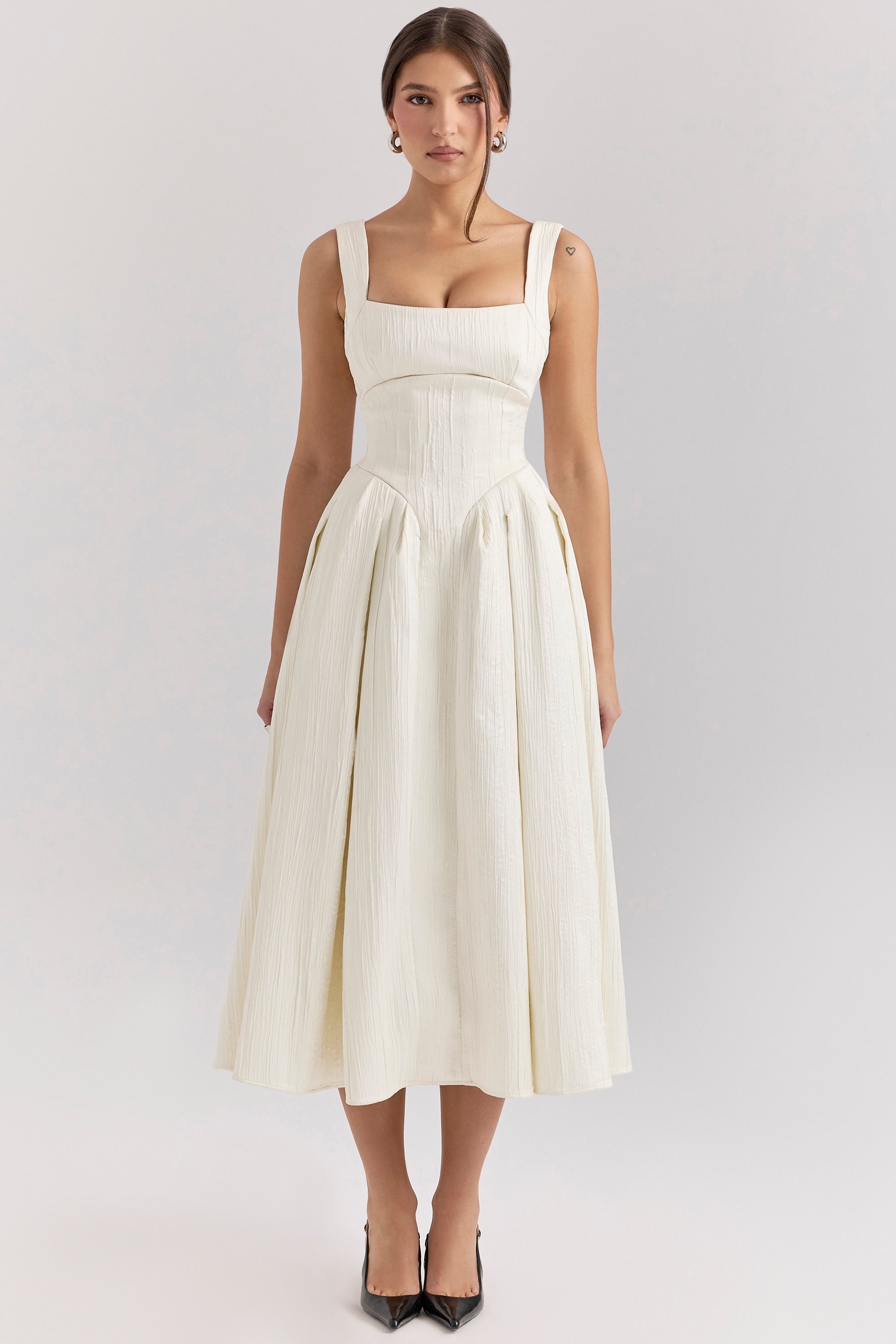 Isabeau, Ivory Textured Satin Corset Midi Dress