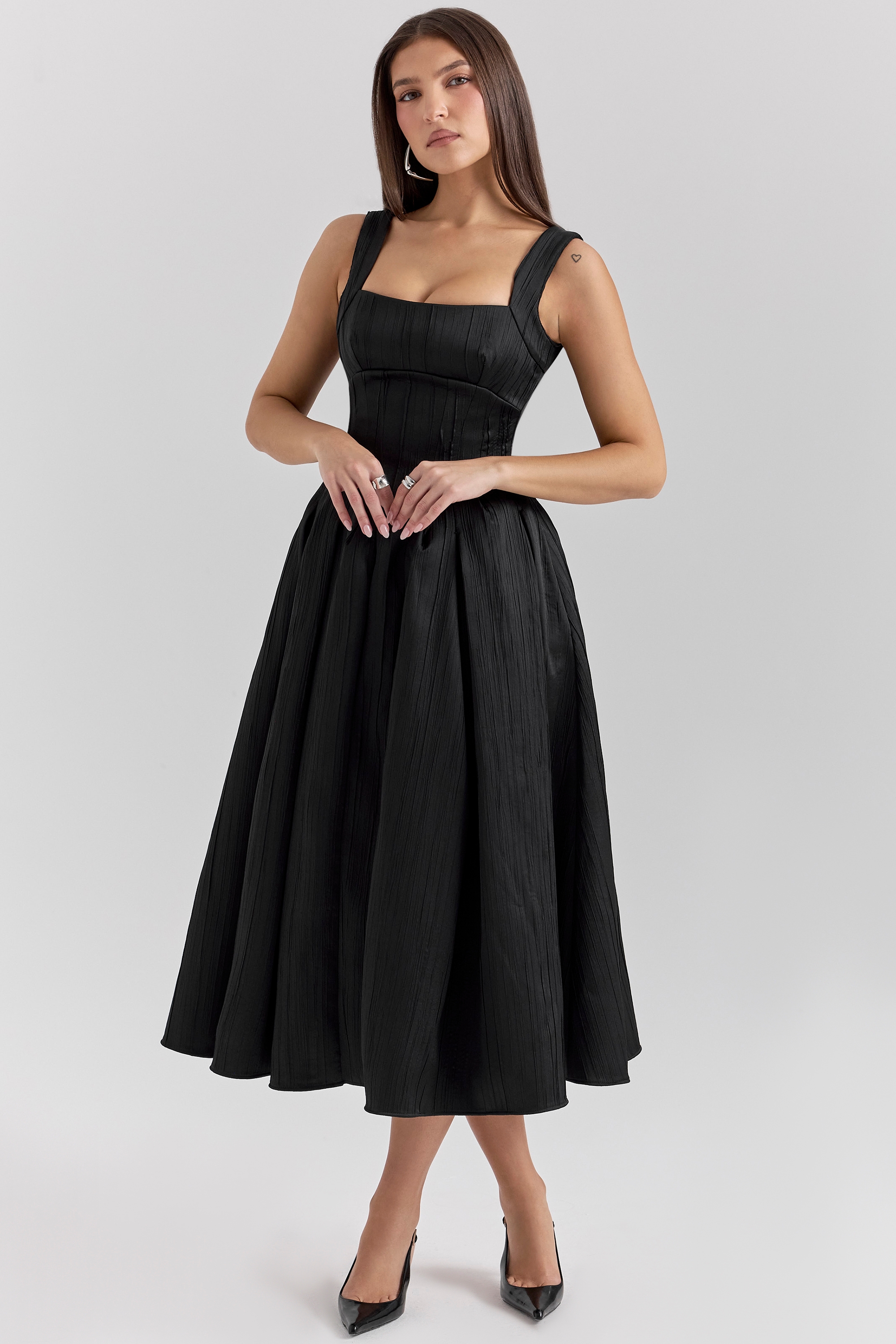 Isabeau, Black Textured Satin Corset Midi Dress