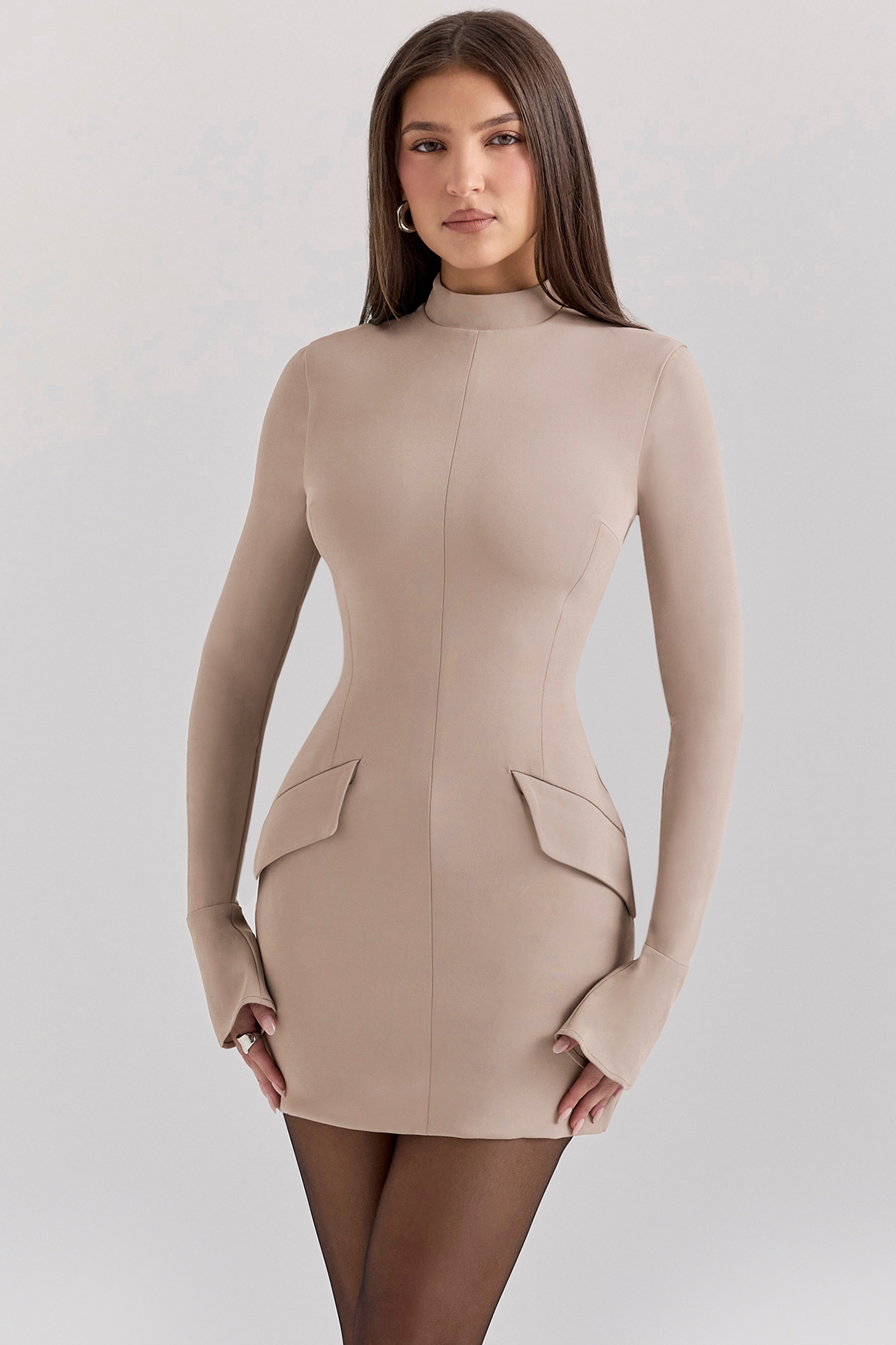 Mahalia, Taupe Long Sleeve Mini Dress