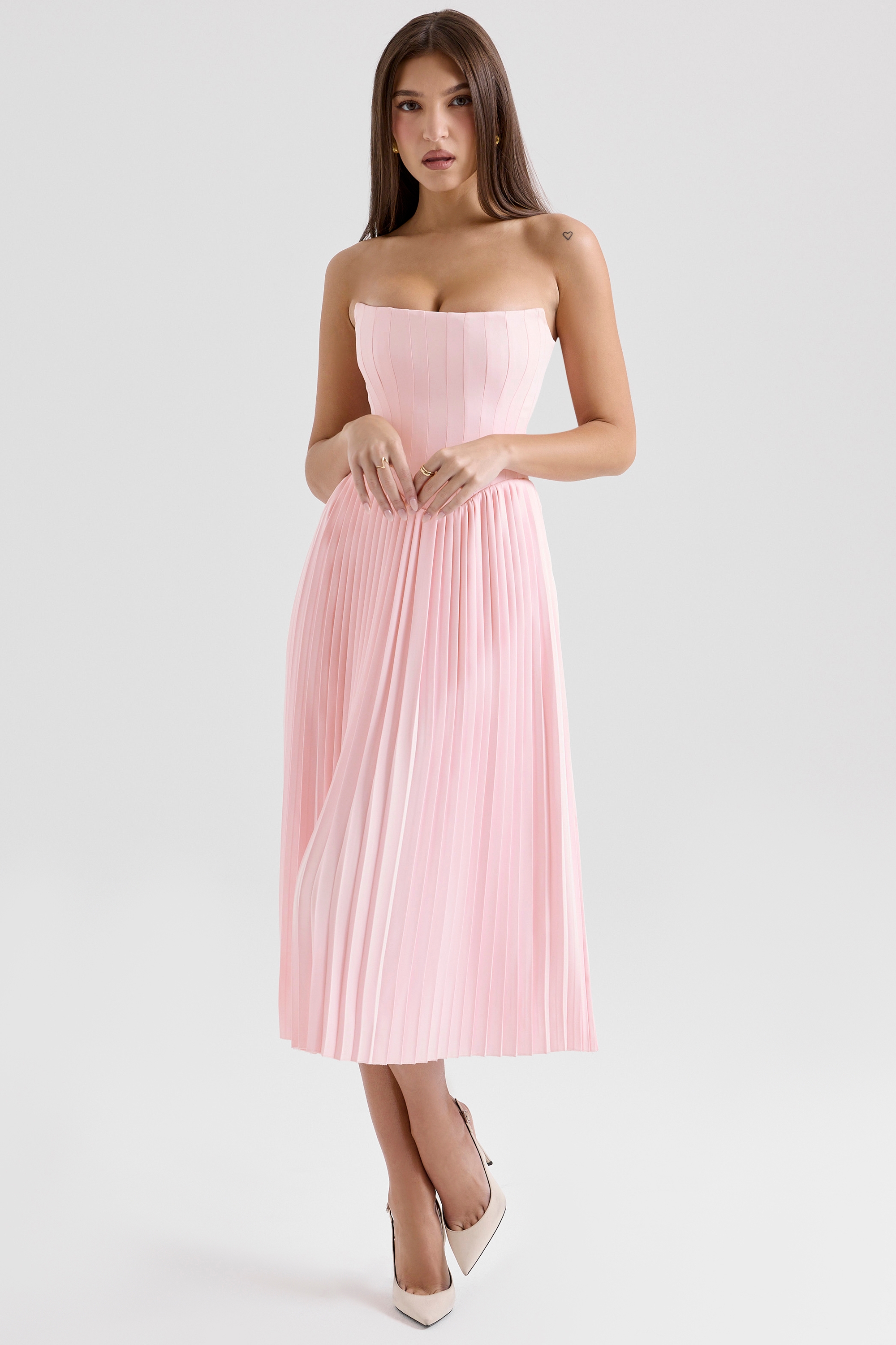 Marci, Pink Pleated Midi Corset Dress