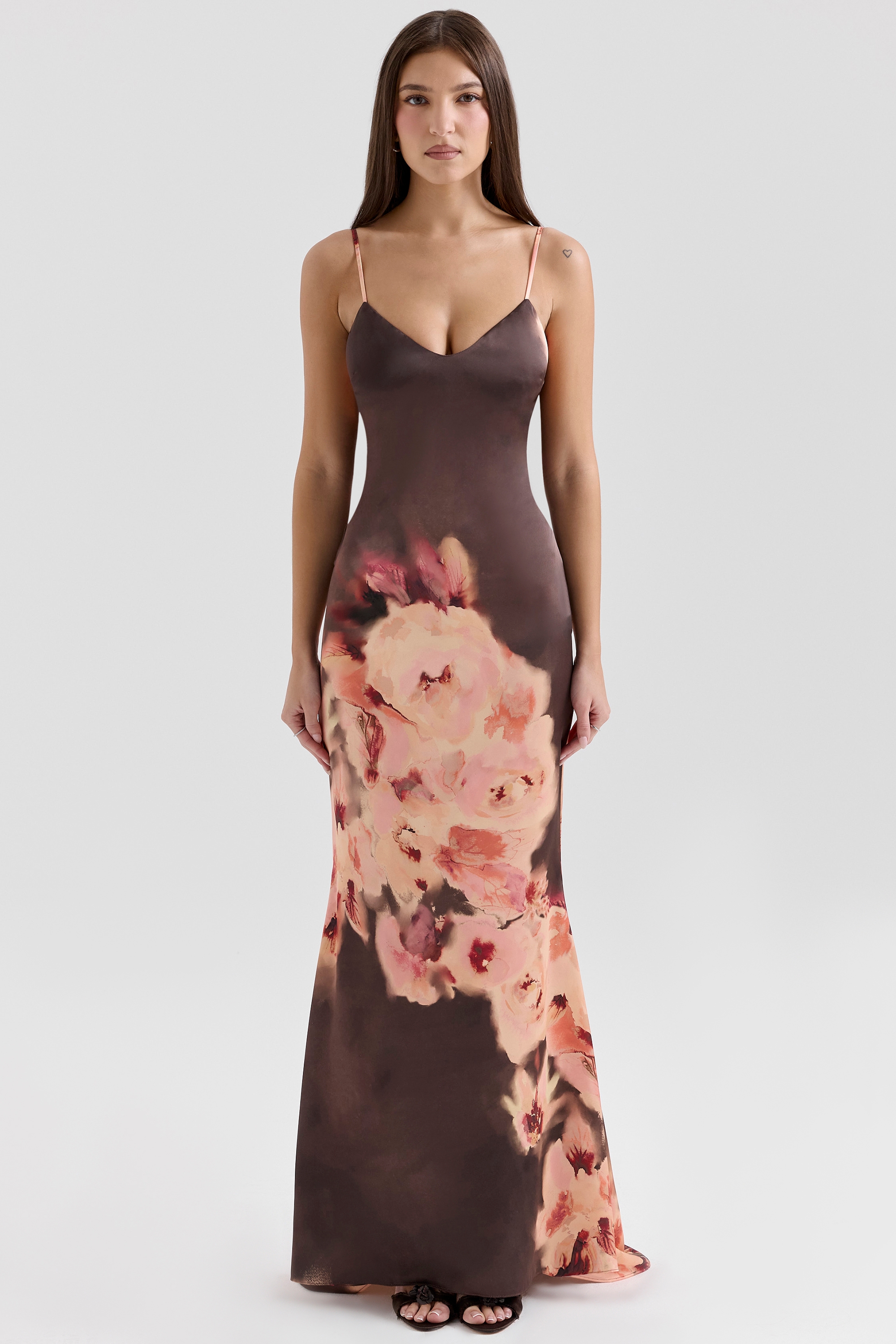 Mariamma, Dark Brown Floral Printed Satin Maxi Dress