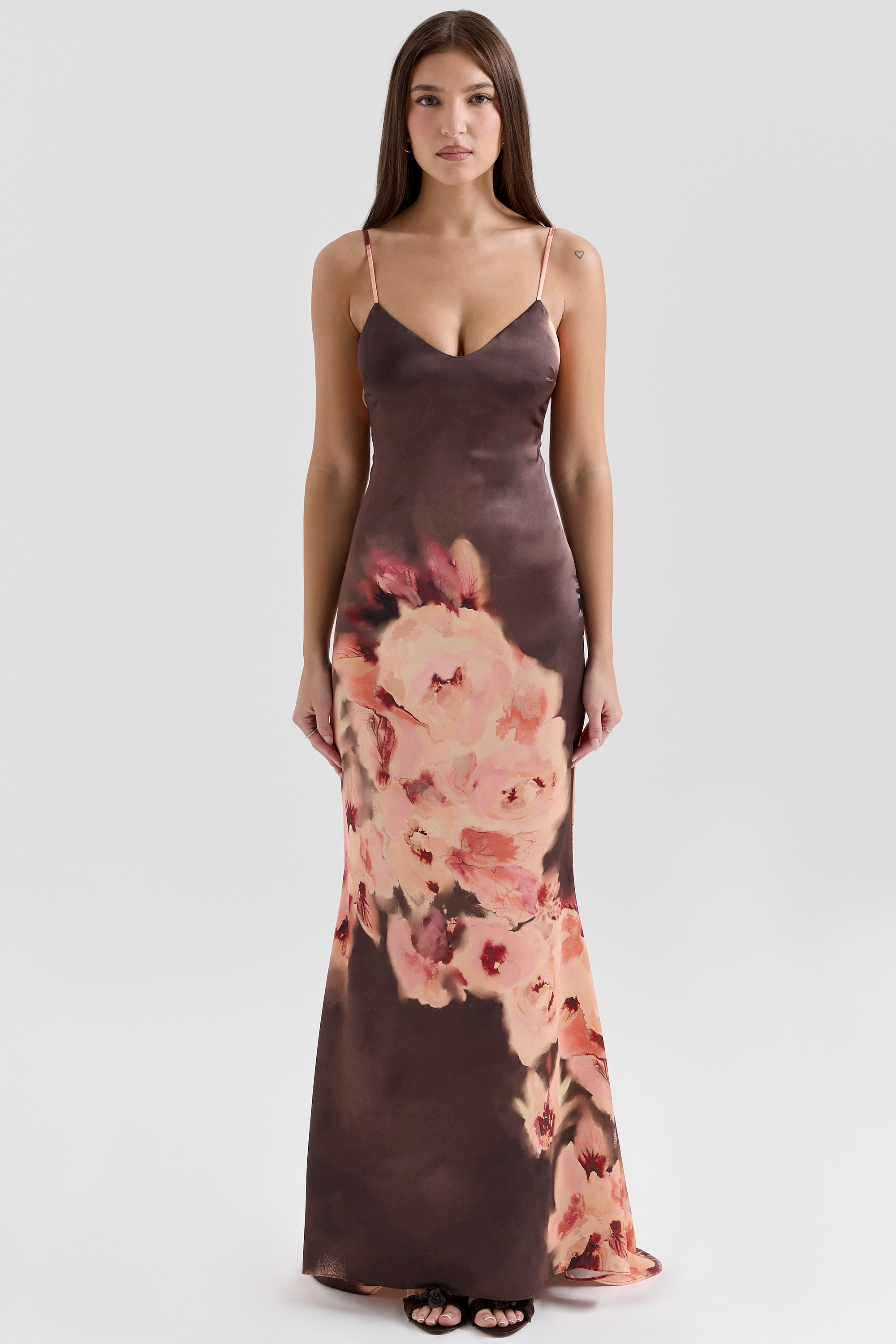 Mariamma, Dark Brown Floral Printed Satin Maxi Dress