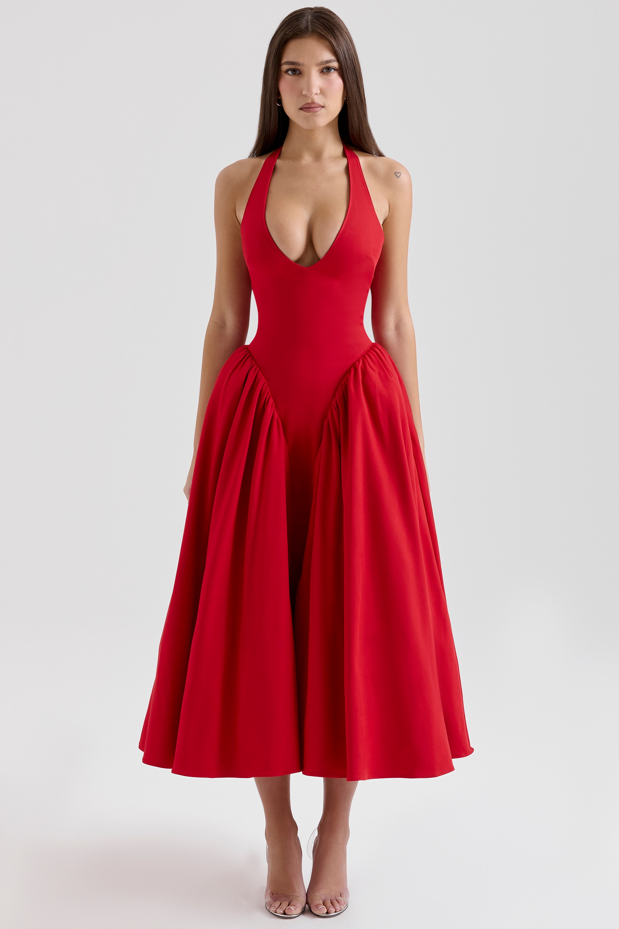 Marilyn, Red Twill Halter Midi Dress