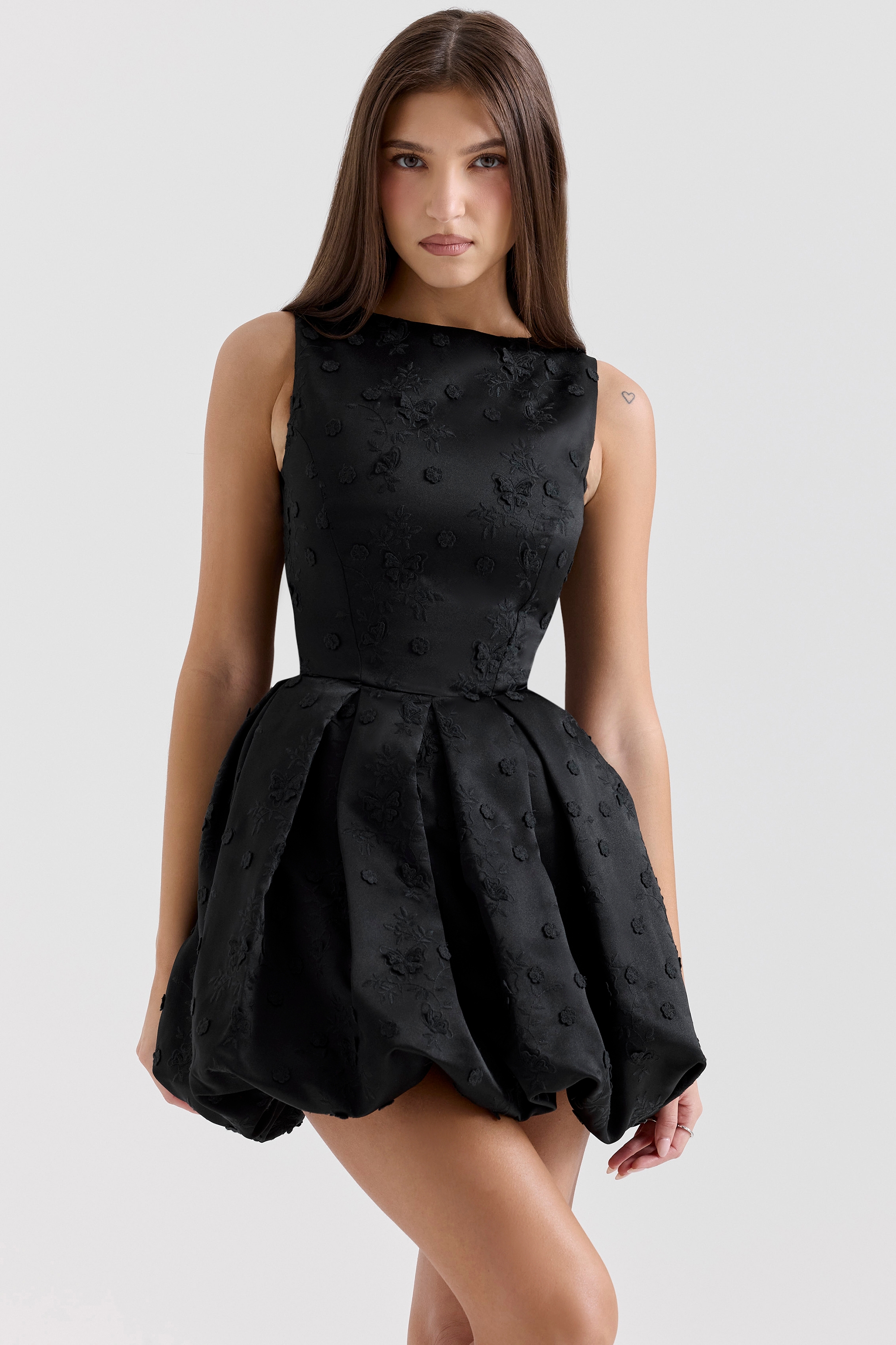 Melika, Black Backless Embroidered Mini Puffball Dress