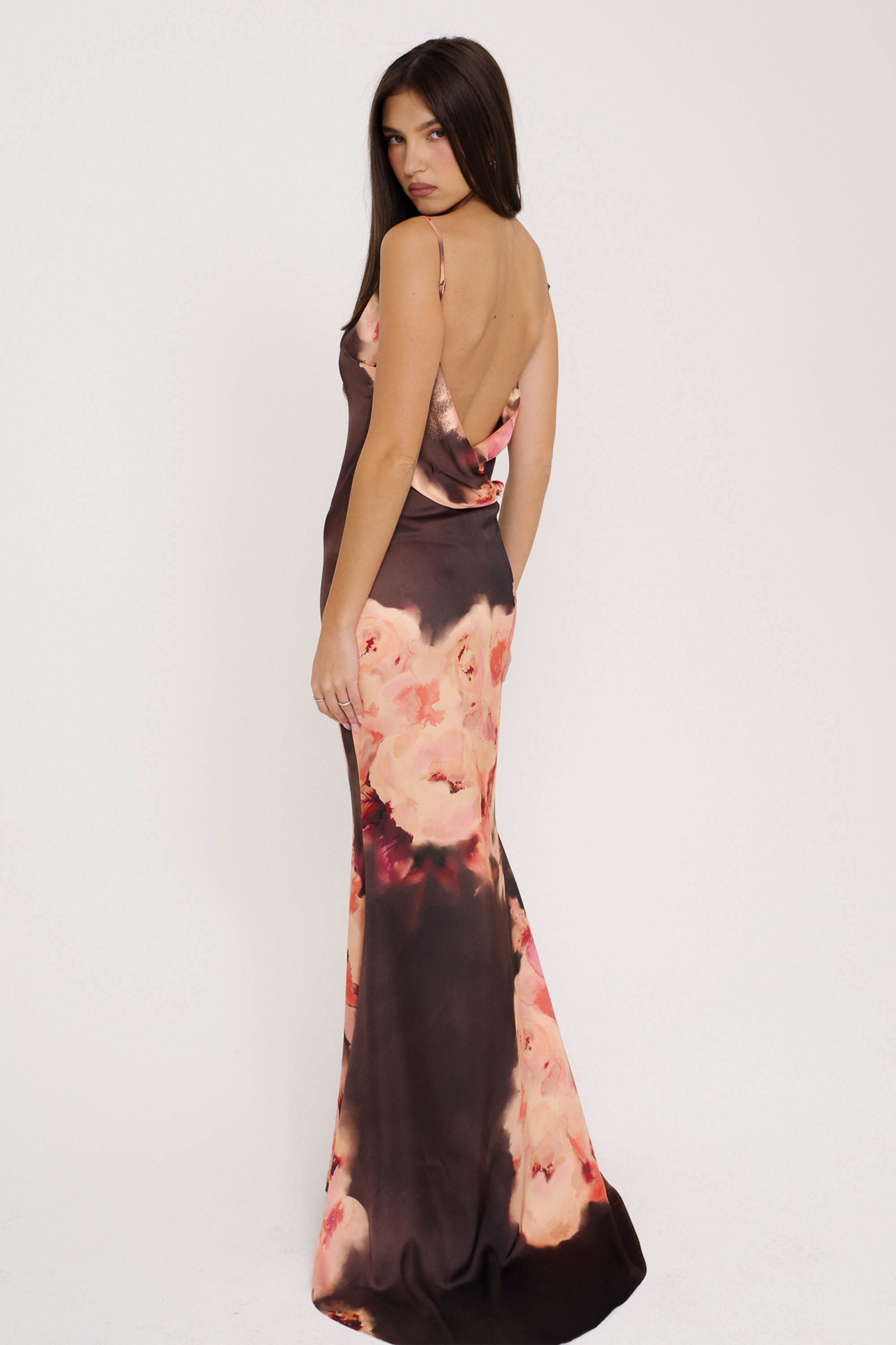 Mariamma, Dark Brown Floral Printed Satin Maxi Dress