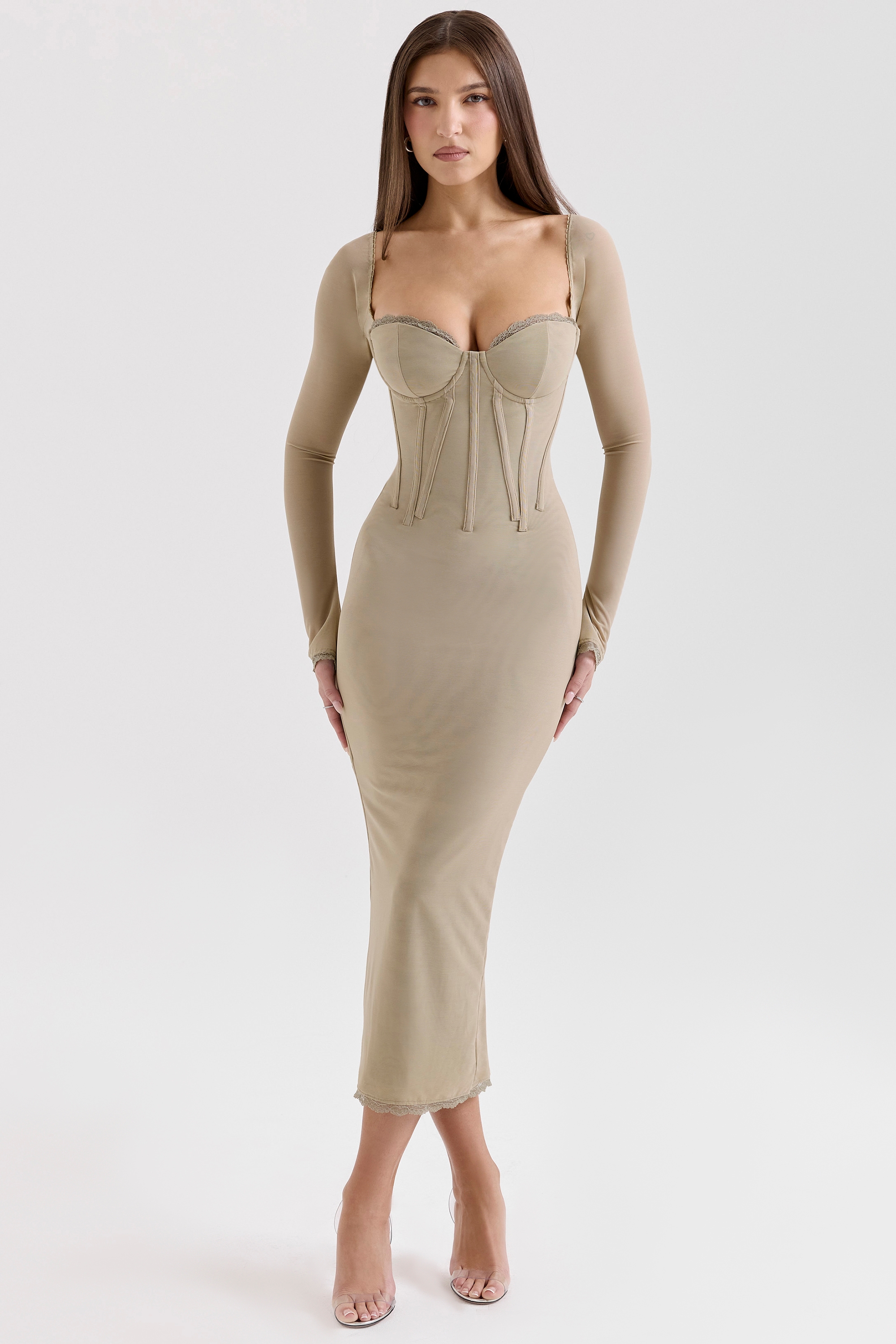 Saisha, Beige Mesh Long Sleeve Bodycon Midi Dress