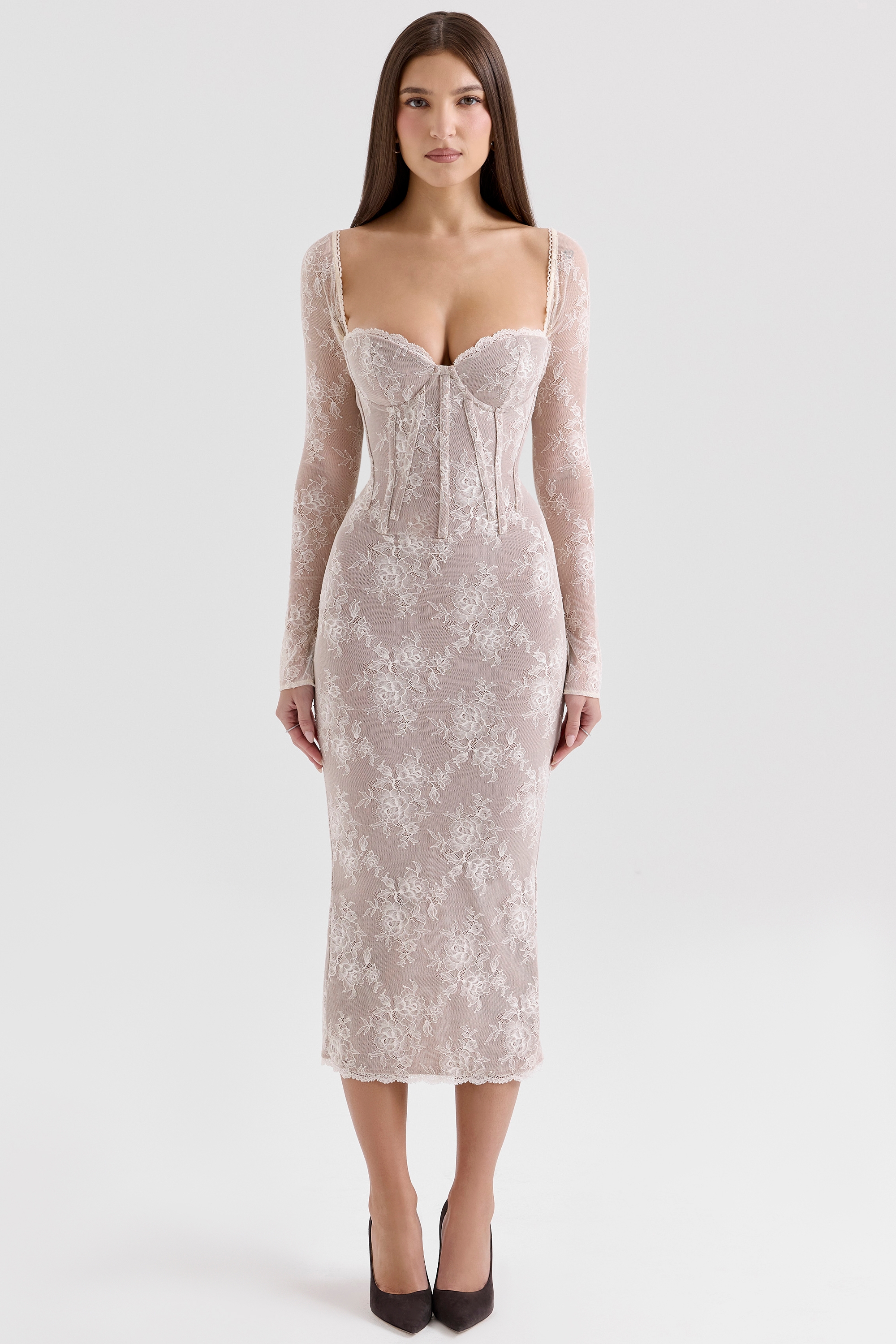 Saisha, Ivory Lace Long Sleeve Midi Dress