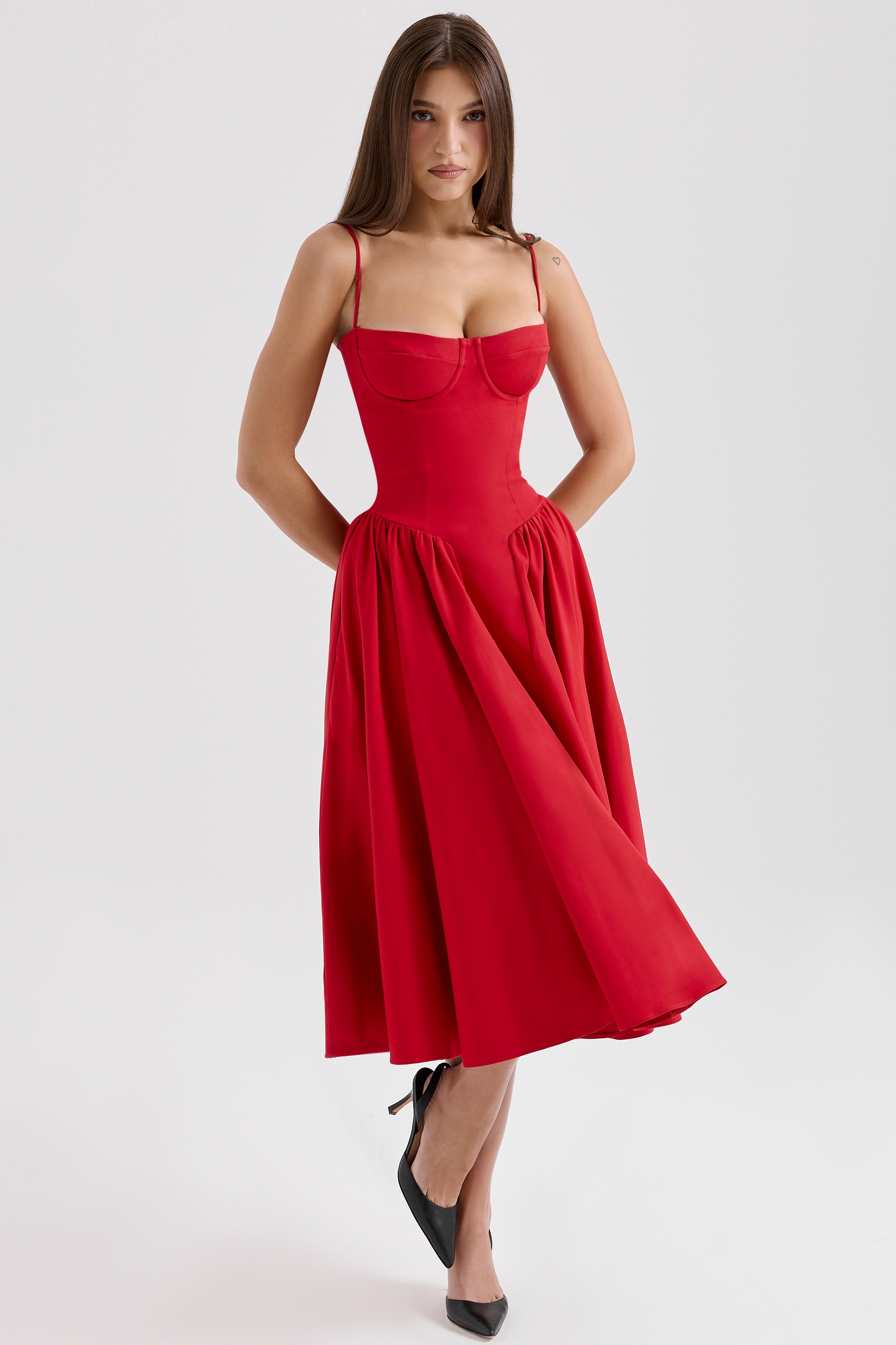 Samaria, Red Gathered Midi Dress