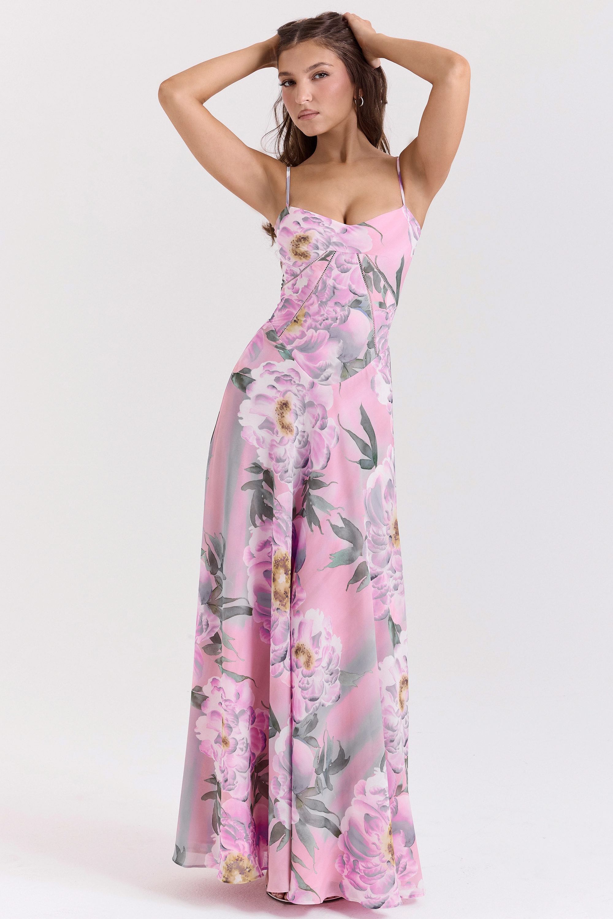 Seren, Pink Floral Print Lace Back Maxi Dress