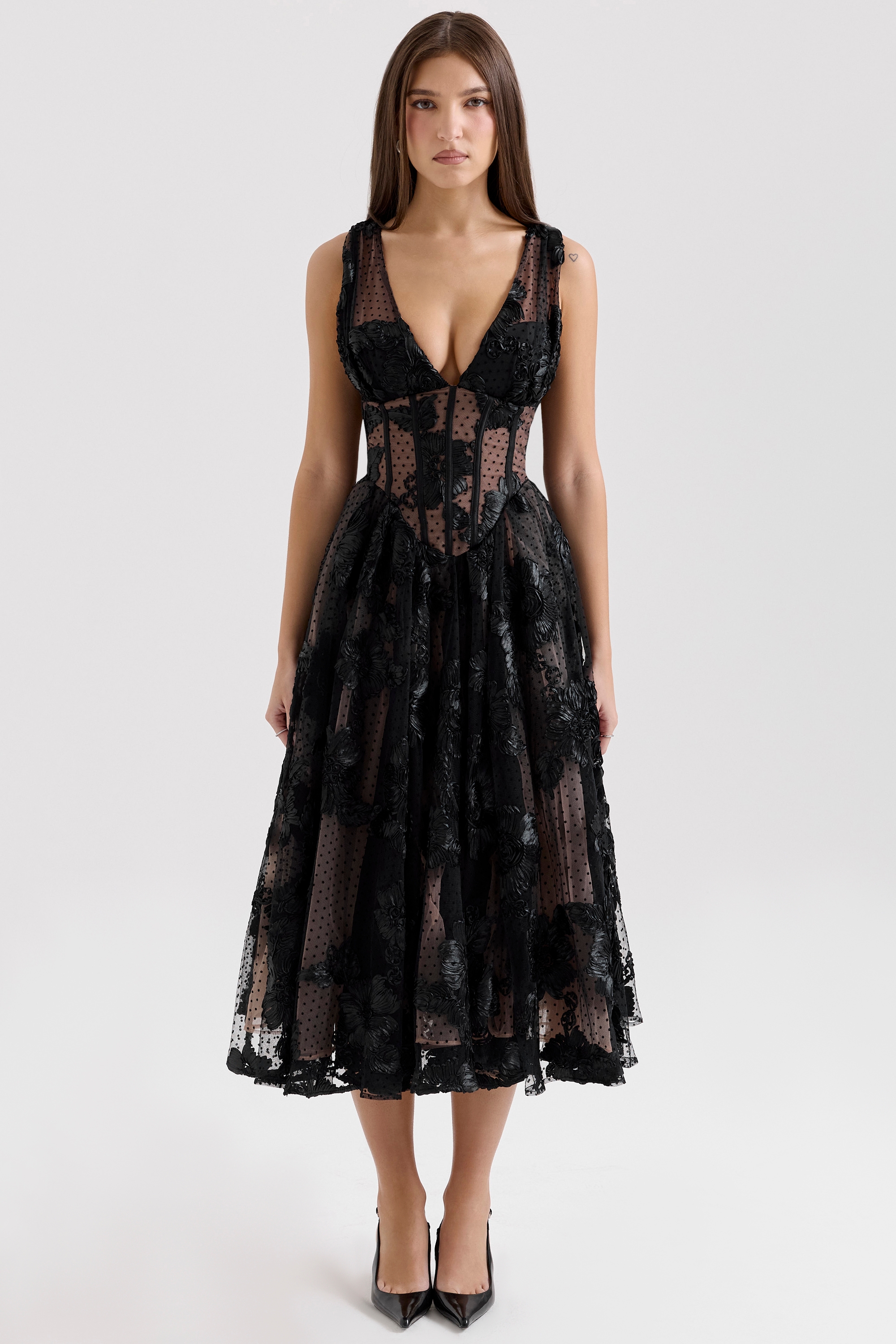 Sianna, Black Embroidered Tulle Corset Midi Dress