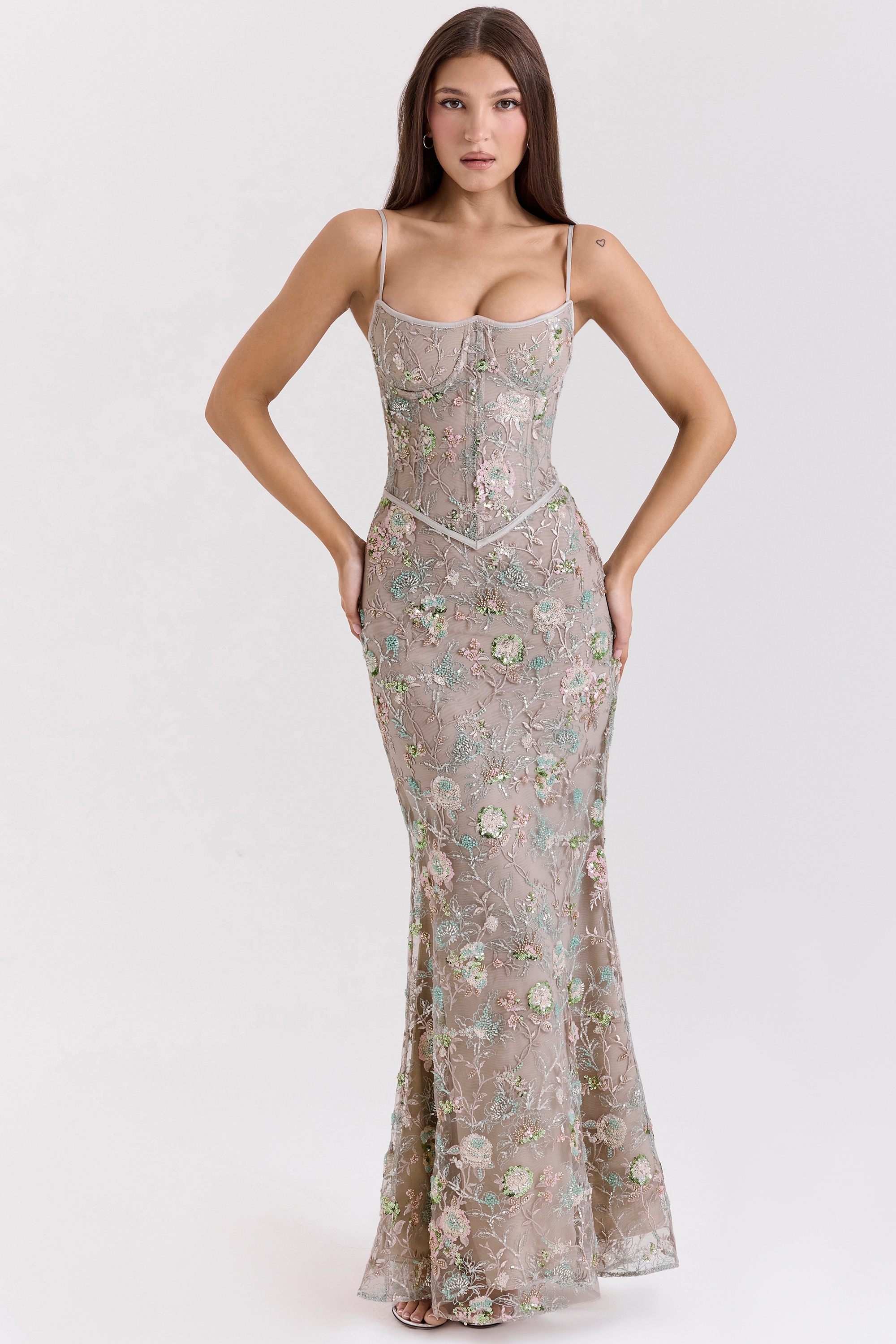 Naima, Silver Embellished Beaded Corset Maxi Dress