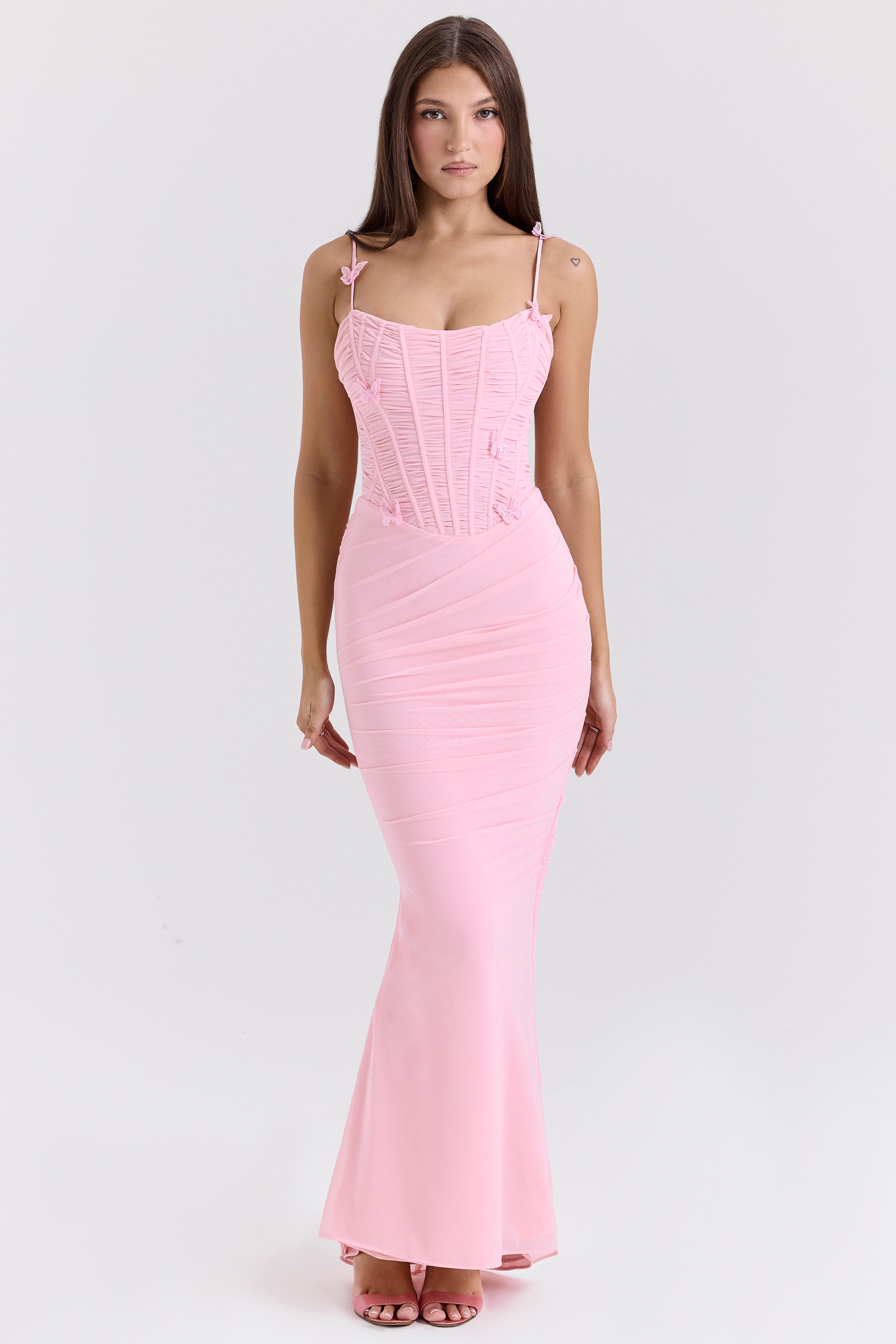 Romola, Pink Stretch Mesh Butterfly Maxi Dress