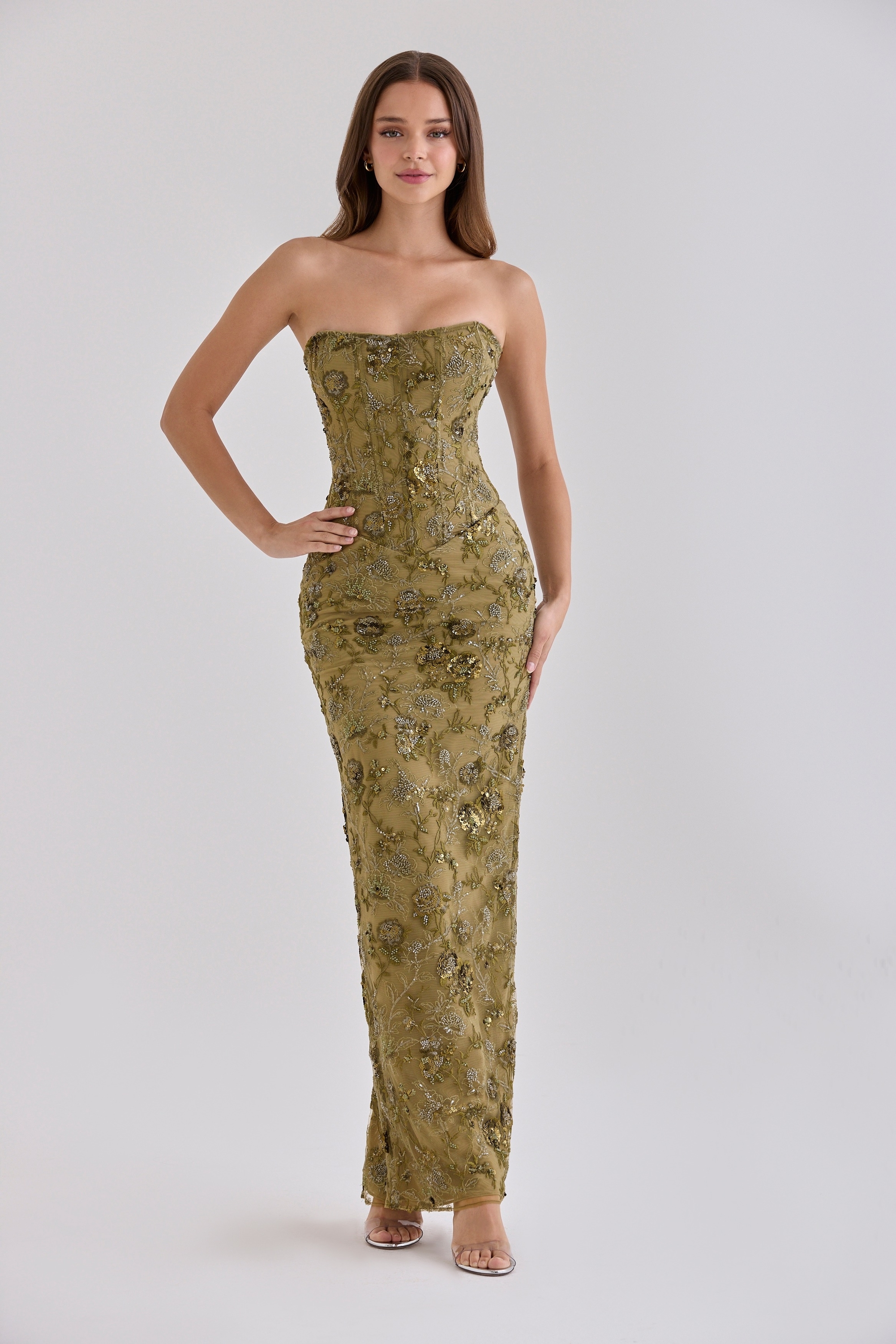 Anisa  Olive Hand Beaded Embellished Strapless Maxi Dress - Limited Edition — image 7