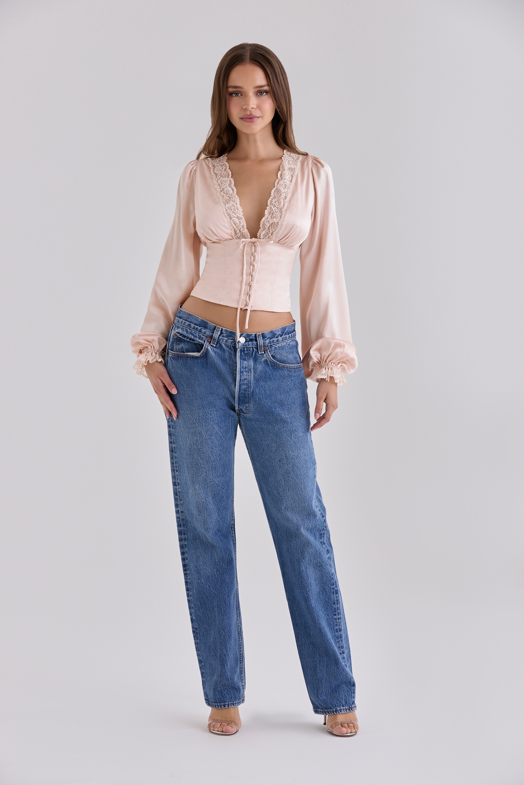 Luciana  Pink Real Silk Long Sleeve Lace Trim Top — image 11