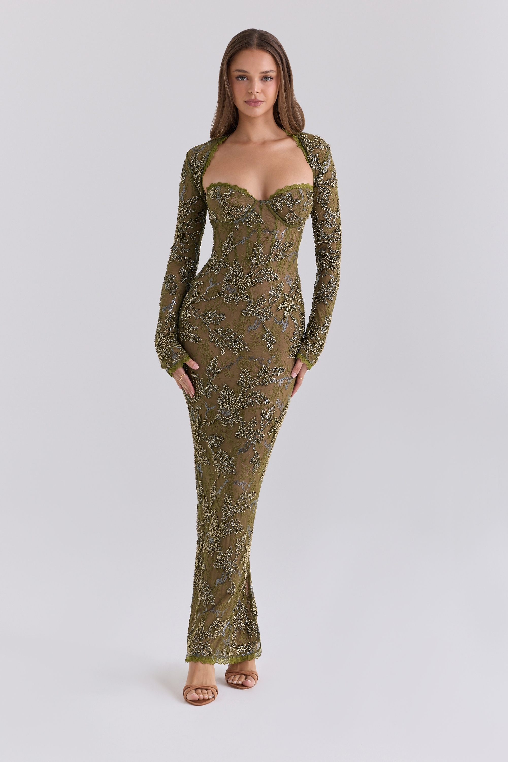 Lucelle  Olive Heavily Beaded Embellished Lace Maxi Dress - Limited Edition — image 12