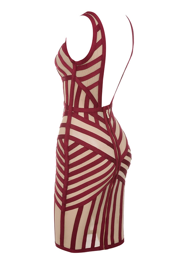 Clothing : Bandage Dresses : 'Genevieve' Crimson Bandage and Beige Mesh  Dress