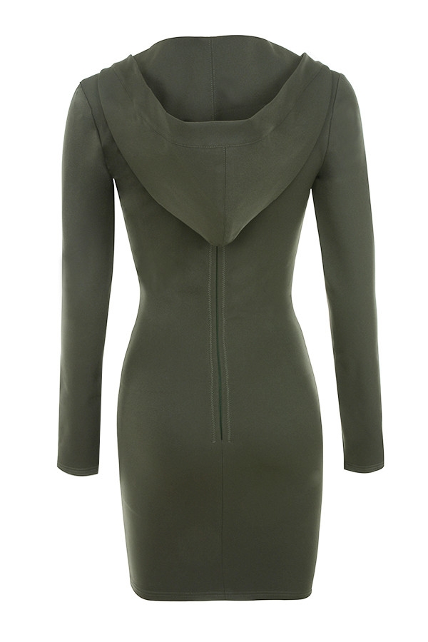 Clothing : Bodycon Dresses : 'Rina' Khaki Scuba Jersey Hooded Mini Dress