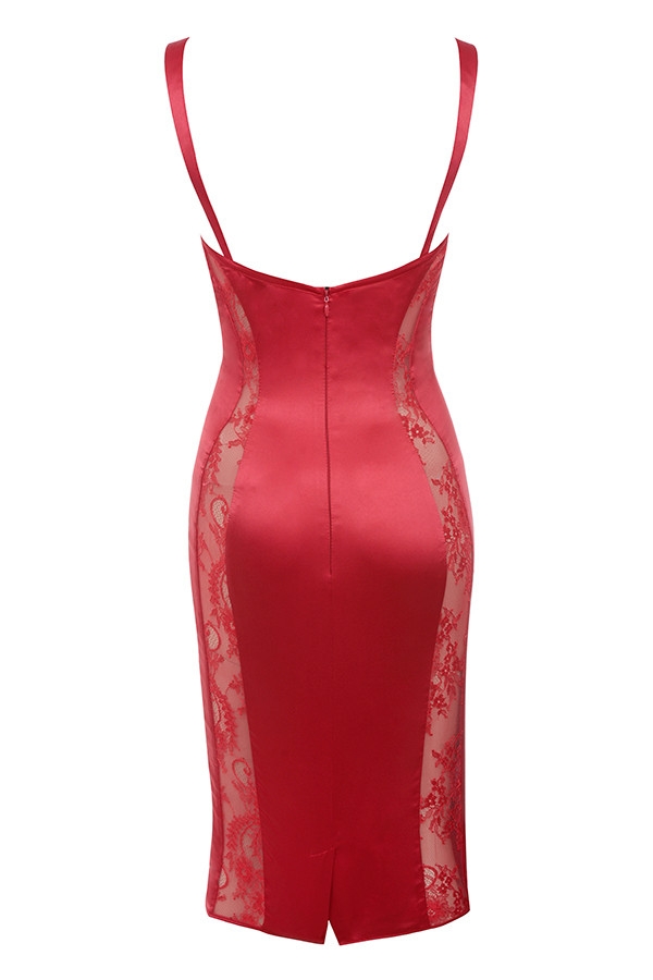 red satin bustier lace insert midi dress Stretch Satin Corset Back Midi Dress In Matador Red