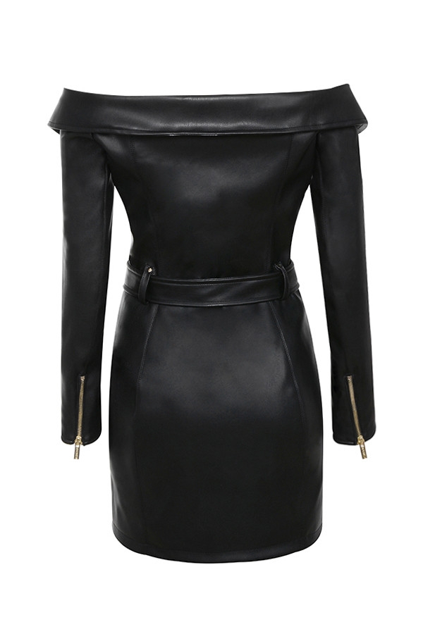 Clothing : Bodycon Dresses : 'Madeleine' Black Vegan Leather Coat Dress
