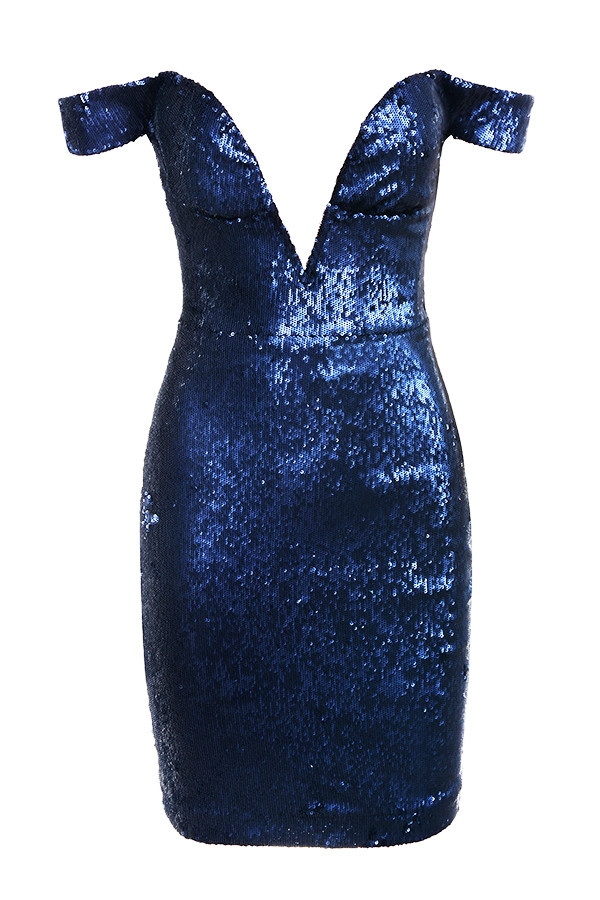 bardot blue sequin dress Goddiva Bardot Sequin & Lace High Low Midi Dress – Tradegala main image 0