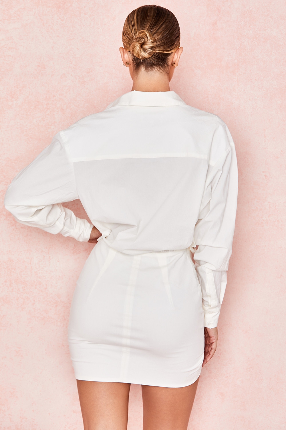 Clothing : Bodycon Dresses : 'Nicolette' White Draped Shirt Dress