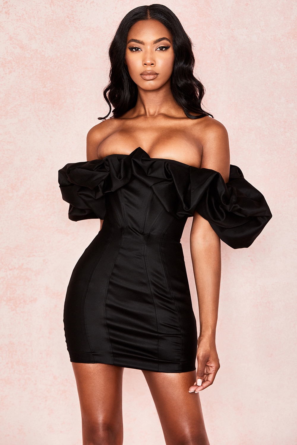 Selena, Black Satin Puff Shoulder Dress