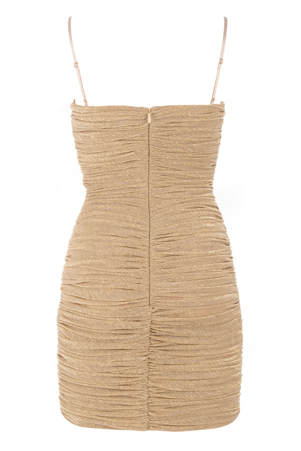 Clothing : Bodycon Dresses : 'Ella' Metallic Gold Ruched Organza Mesh Mini  Dress